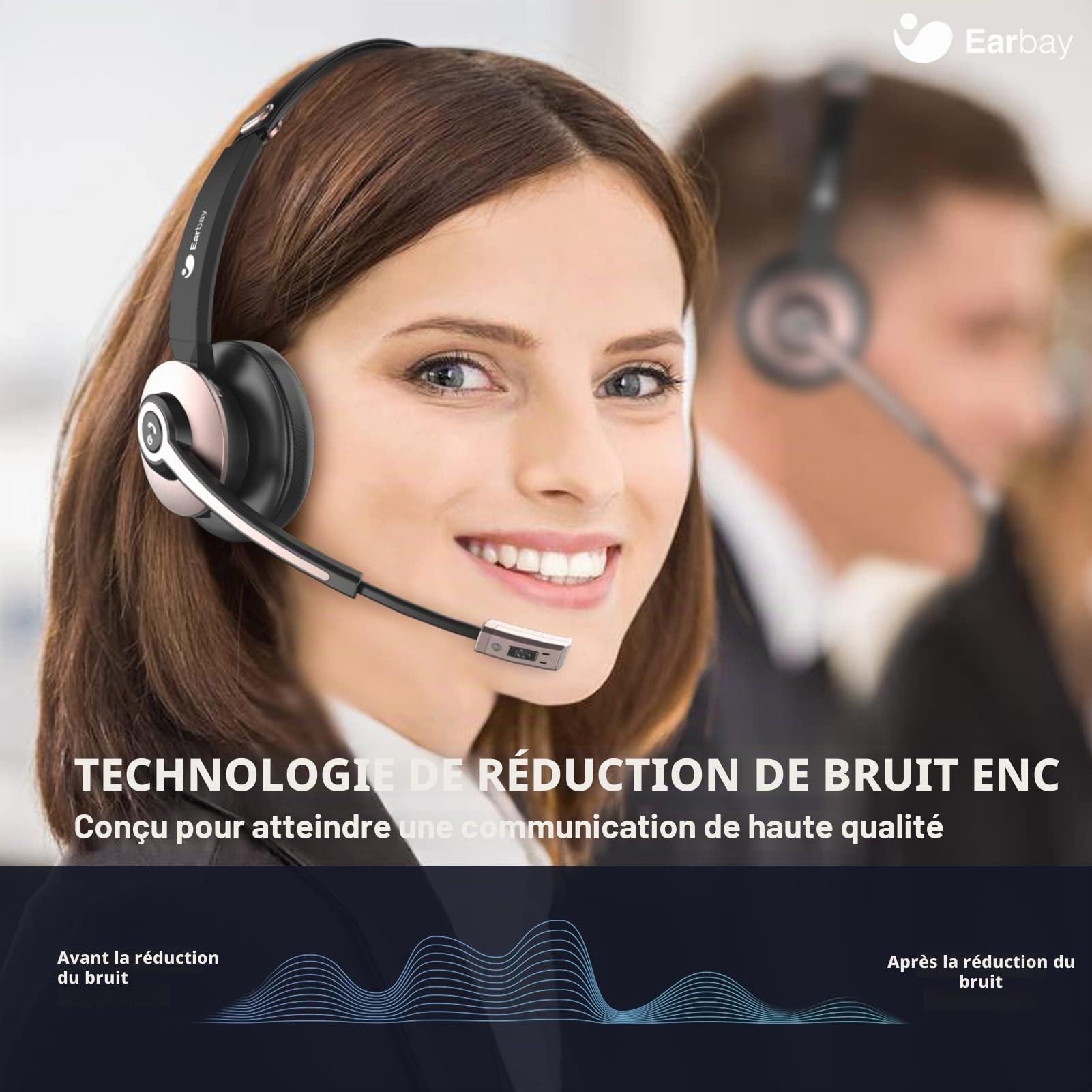 Casque Bluetooth sans fil avec microphone antibruit, casque supra-auriculaire avec clé USB et bouton muet, 26 heures de temps de conversation pour PC/bureau/zoom/Skype Or rose
