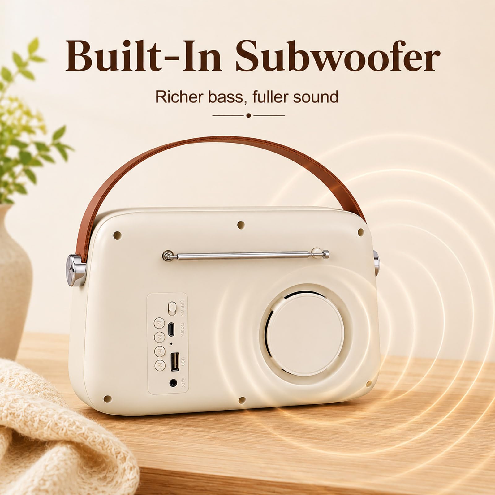 Vintage Bluetooth Lautsprecher mit FM Radio - Tragbare Wireless Boom Box, 4 in 1 Sound (Bluetooth/FM/AUX/USB), Satte Bass, für Zuhause, Büro, Camping & Geschenke (Beige)