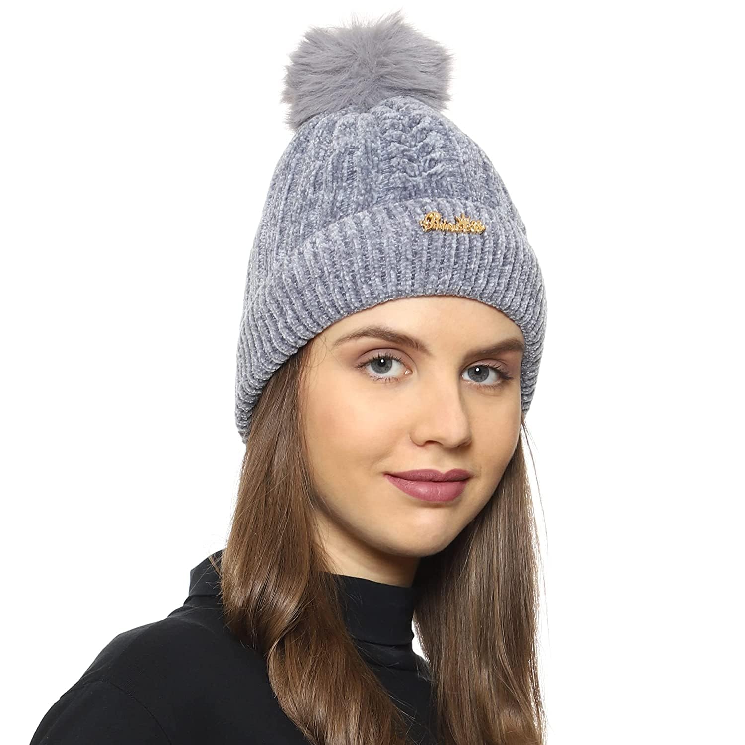 RR DESIGN Fashion Women Winter Soft Warm Snow Proof Pom Cap for Women Running Headwear (Grey) 3