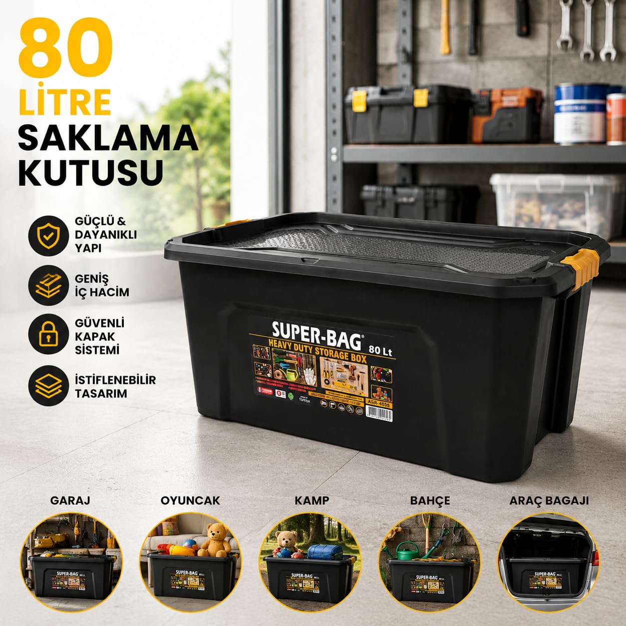 Super Bag 80 L Kapaklı Saklama Kutusu, Ağır Hizmet Plastik