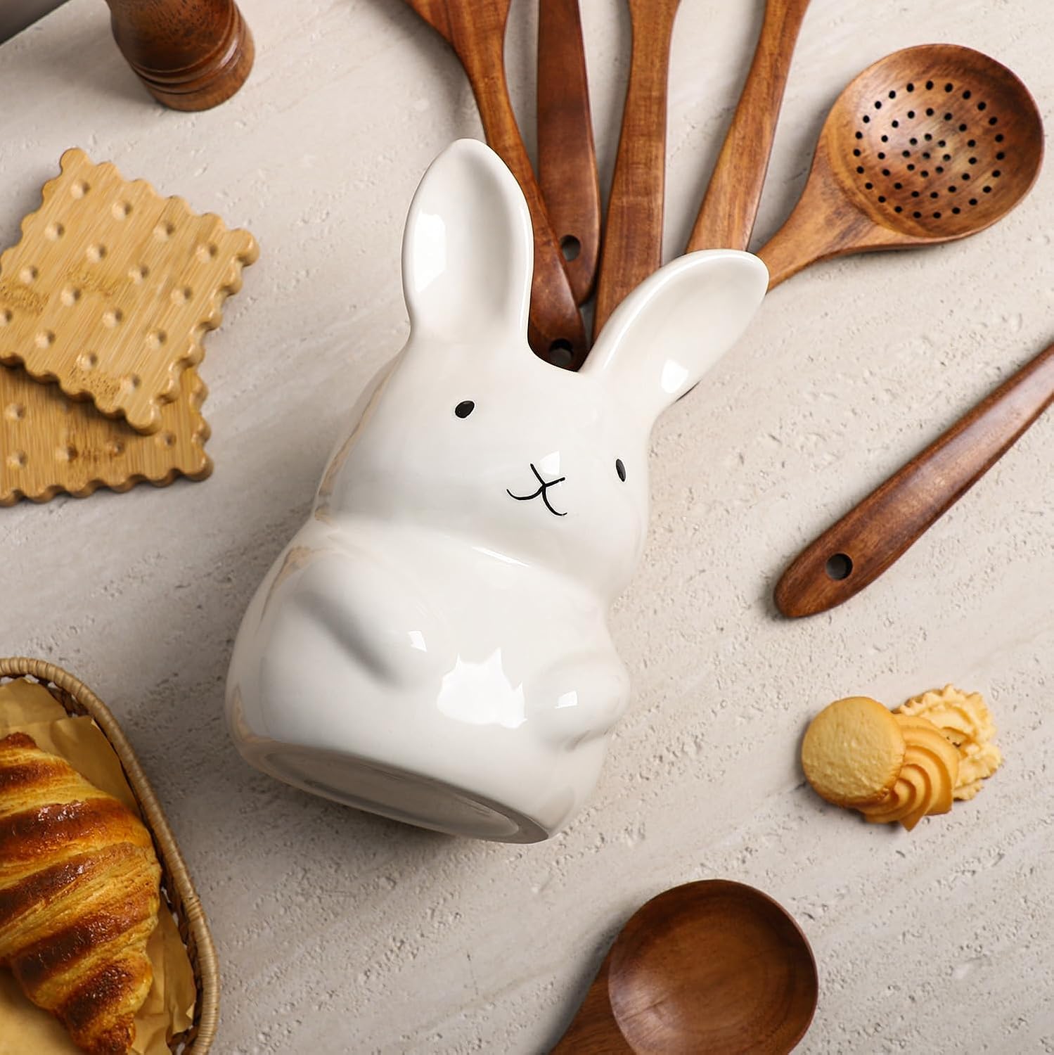 SOCOSY Ceramic Rabbit Kitchen Utensil Holder For Countertop Large Cooking Utensil Crock Holder Spatula Holder, Pure White