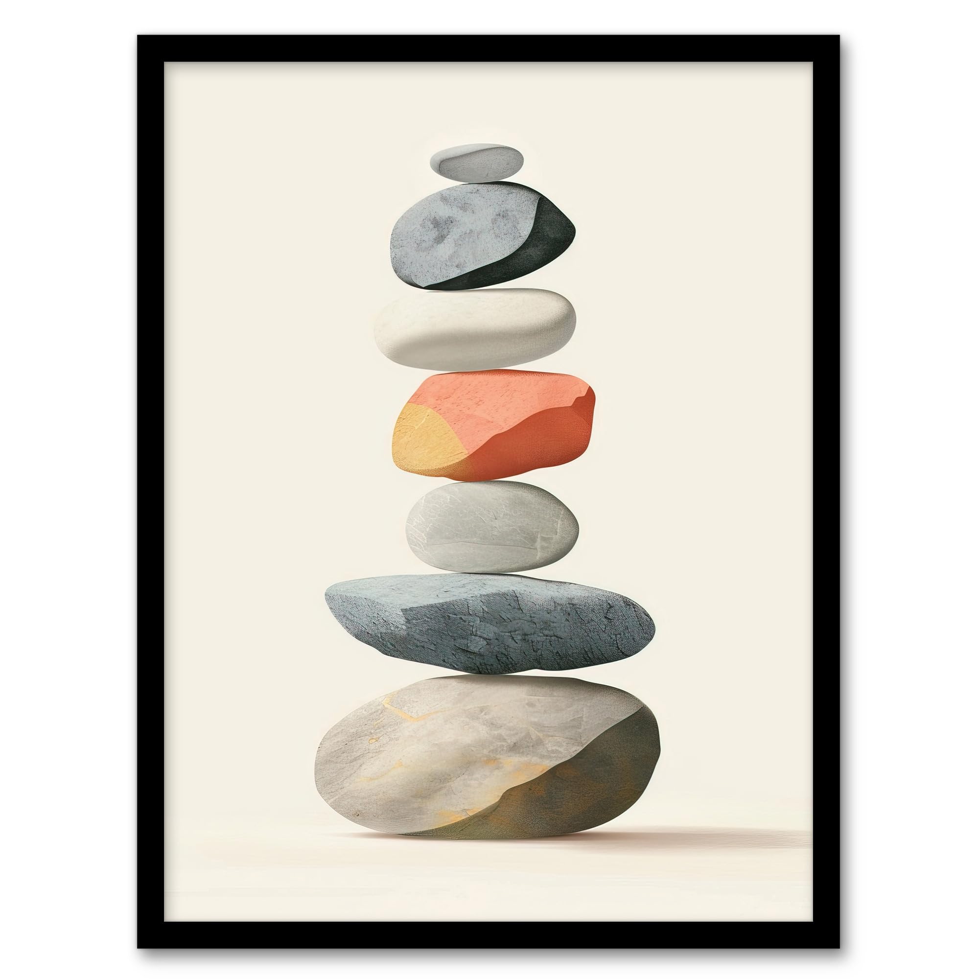 Artery8 Framed Wall Art - Stacked Rock Cairn Bright Vertical Boho Design - A4 Size - Grey