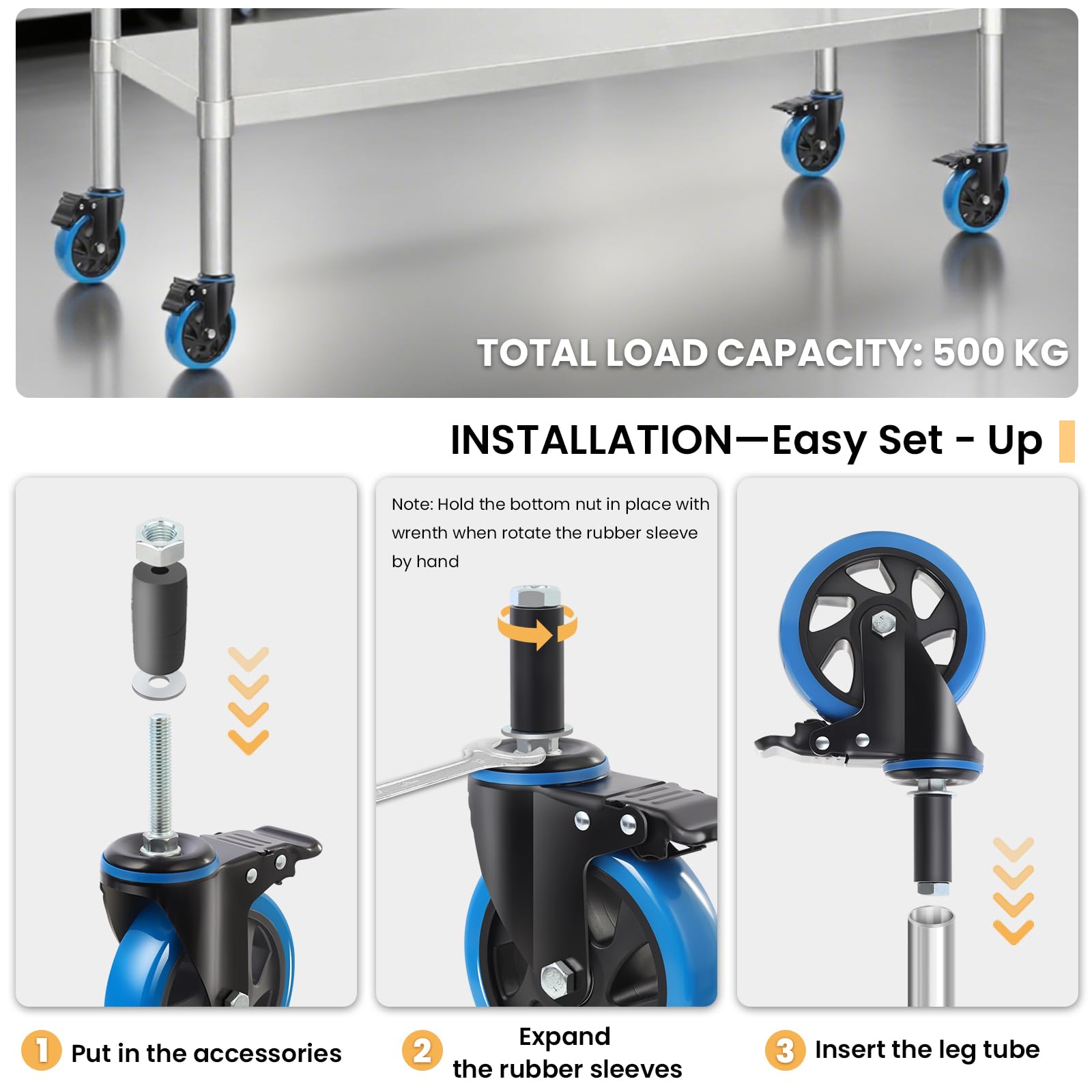 Ruote per mobili 100mm con vástago espandibile e freno adatte a tubi Ø23/28/34/40mm, capacità 500 kg ruote per carrello e tavoli inox, girevoli, blu, set da 4