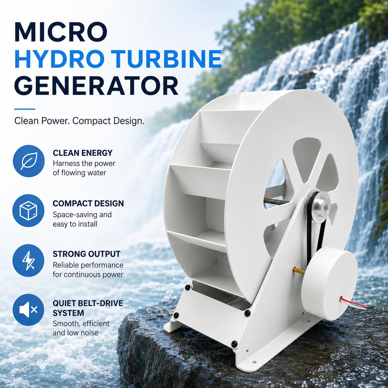 Generador de turbina de agua portátil de 100 W | Cuerpo de acero, transmisión por correa silenciosa, uso de bajo flujo cerca de arroyos, desagües y electrónica al aire libre