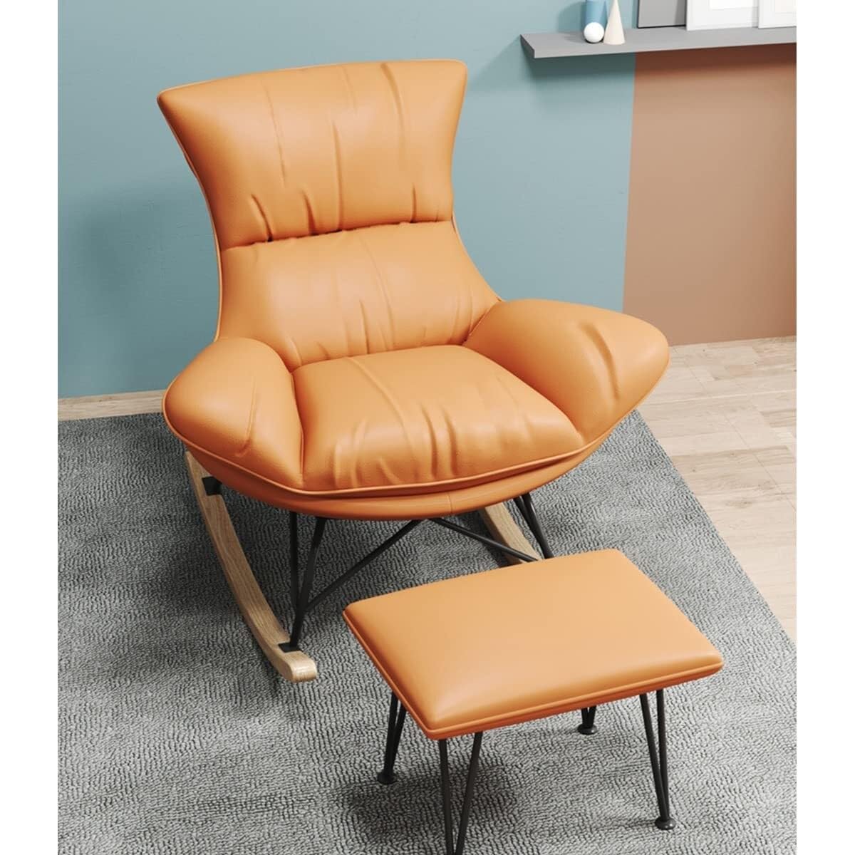 Sillón mecedor moderno, cómodo sillón reclinable, sillón mecedor tapizado con mecedora deslizante, sillón de sala de estar con reposapiés, sillón auxiliar con base d(Naranja+blanco-Talla única