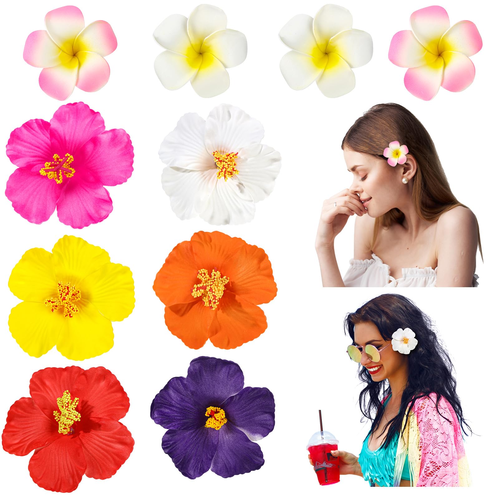 10 Pcs Hawaiian Flower Hair Clips for Women, 3.75” and 2.75” Plumeria Hair Clips Artificial Flower Hair Accessories for Vacation Beach Seaside