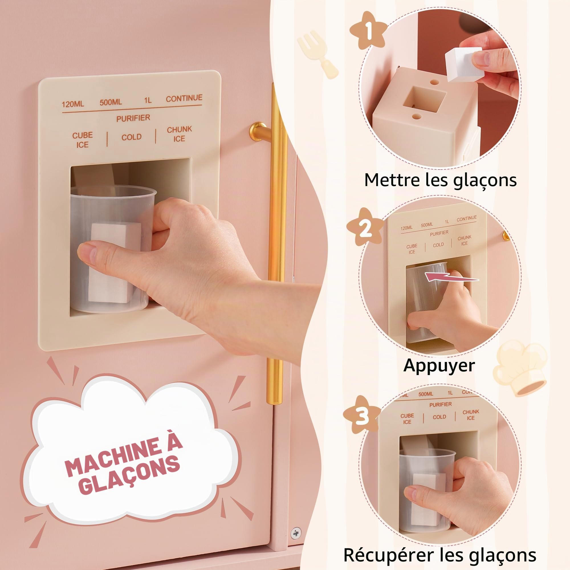 ROBUD Cuisine de jeu en bois pour enfants avec machine à pain, four avec gâteaux, vaisselle, machine à glaçons intégrée, ensemble de cuisine pour garçons et filles à partir de 3 ans, rose