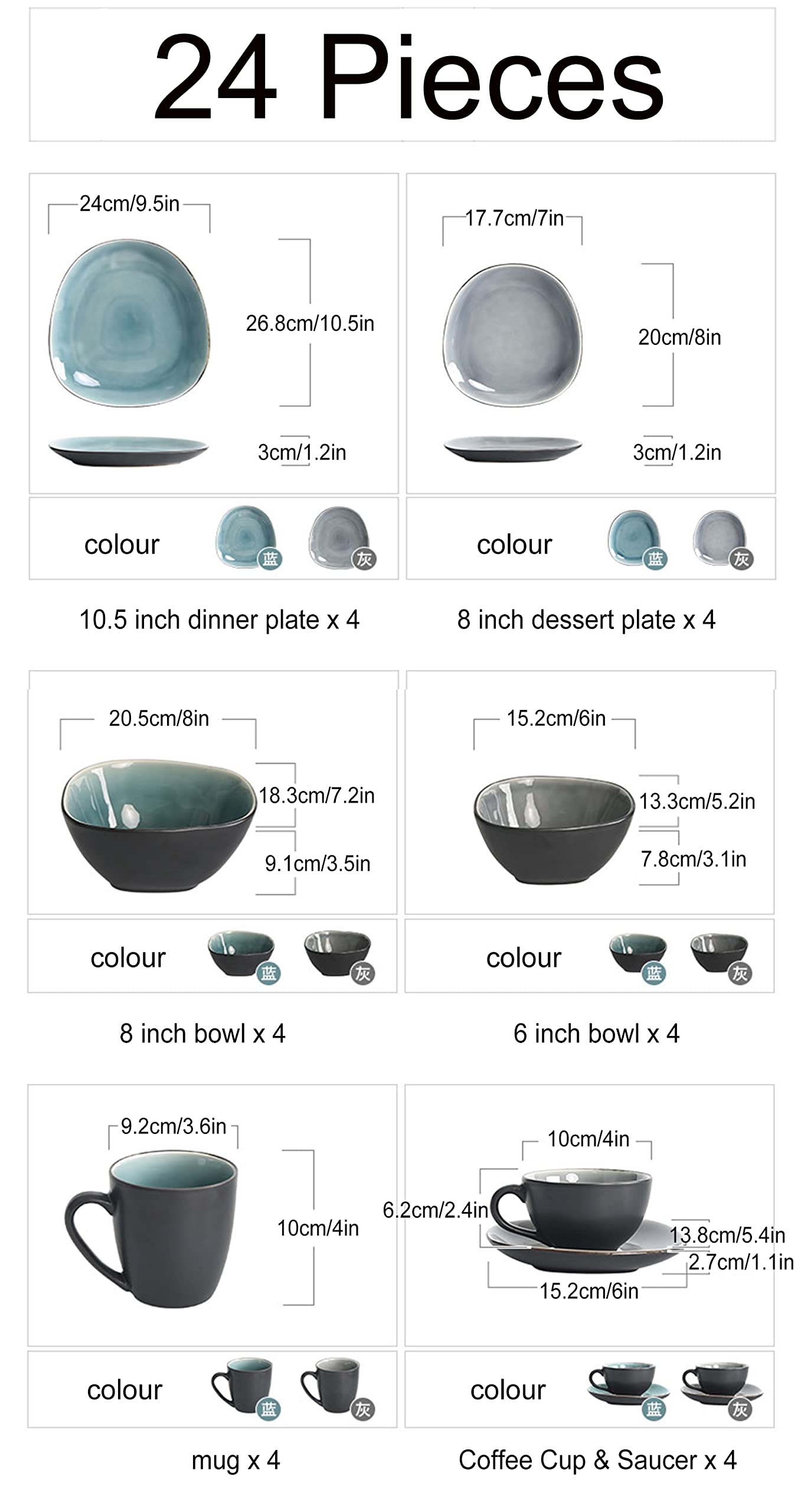 24-częściowy zestaw naczyń dla 4 osób z porcelany, zastawa stołowa z talerzami obiadowymi, talerzami deserowymi, miską, kubkiem, filiżanką do kawy i spodkiem