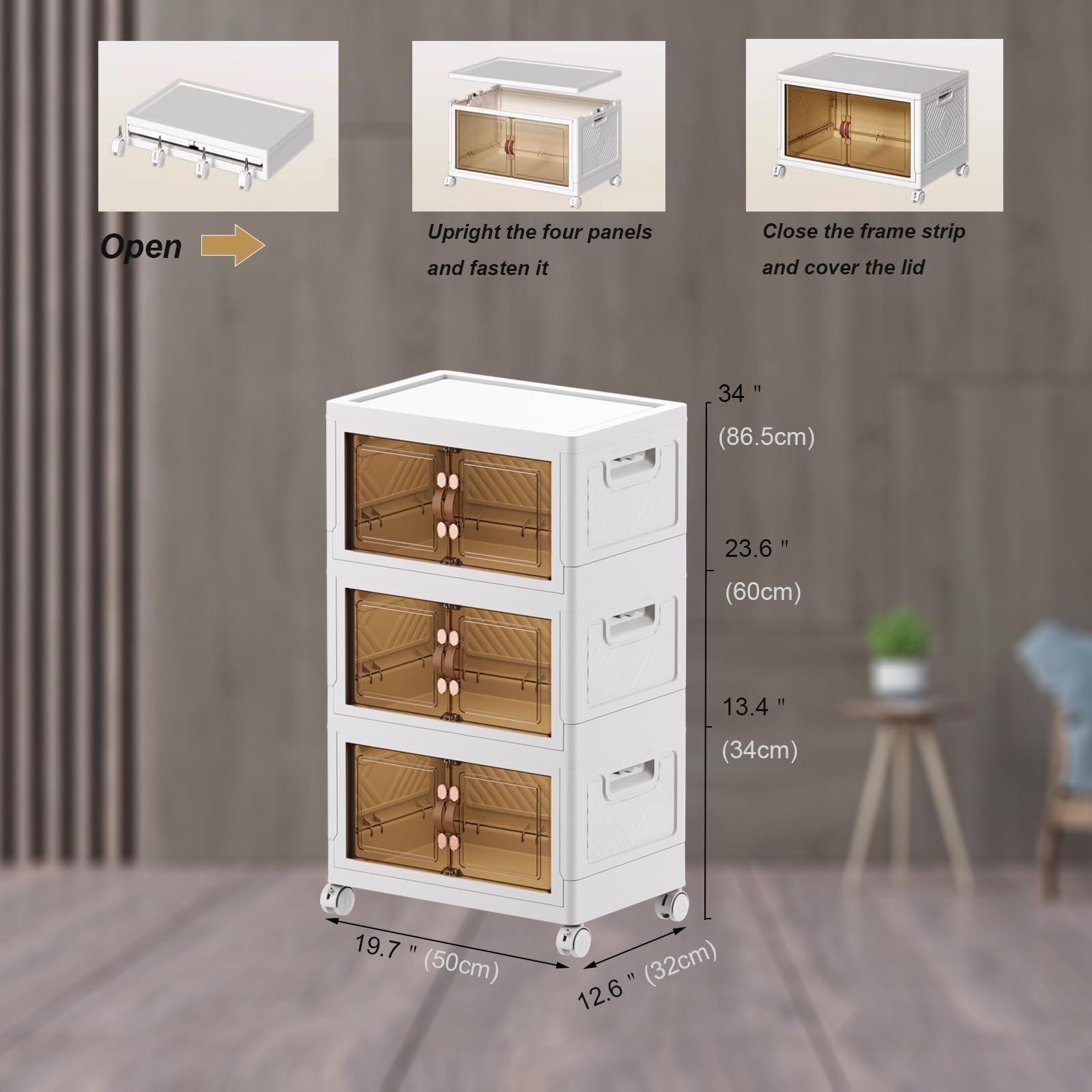 Contenedores de almacenamiento apilables de 3 x 34 L con ruedas, contenedores plegables para ropa y libros, plástico blanco, diseño de 3 cajones, solución de ahorro de espacio