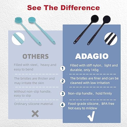 Miniatura 6 de ADAGIO Cepillo de silicona para la parte trasera de la ducha, el baño, cepillo corporal con mango largo, cepillo de ducha súper espumante, limpiador