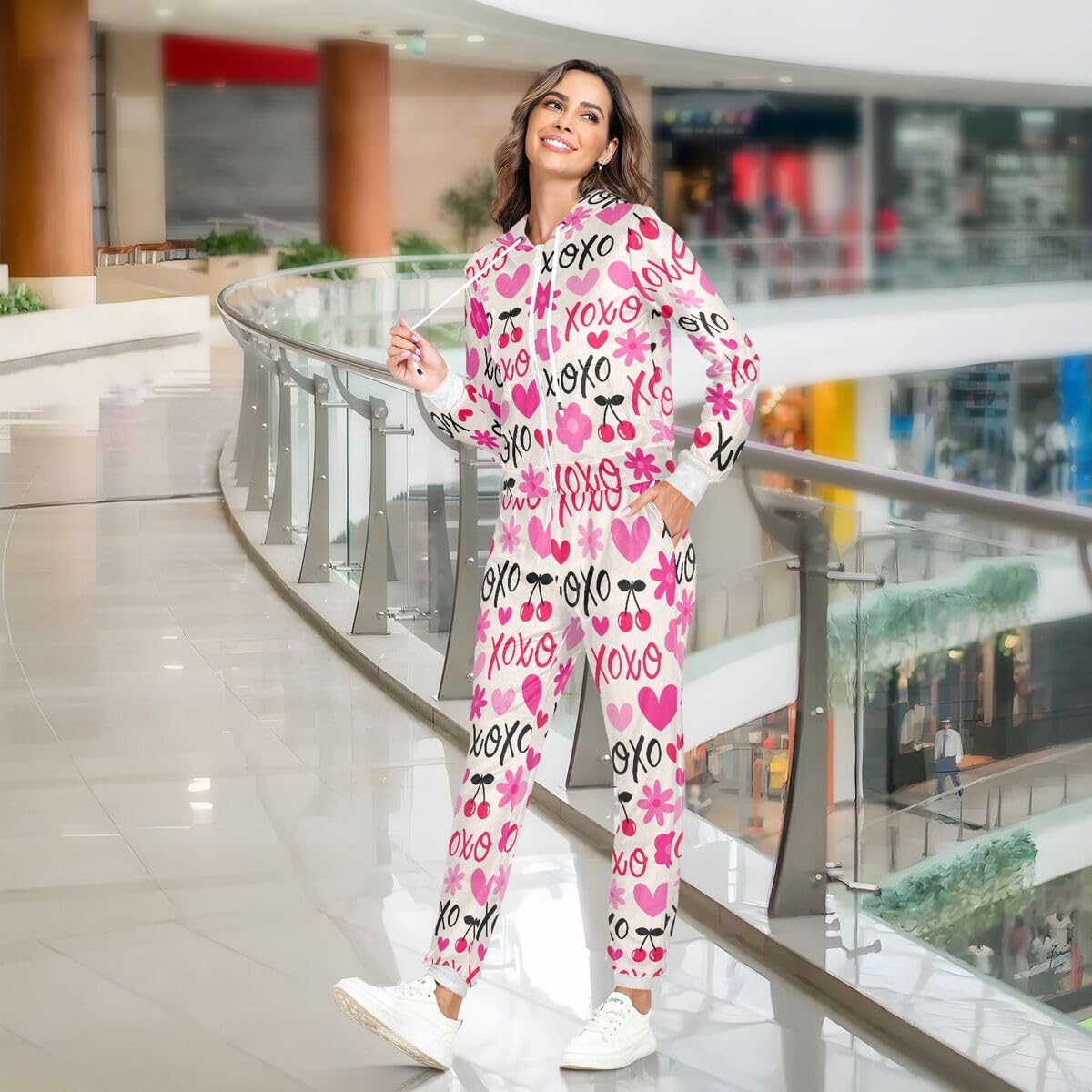 Conjunto deportivo de 2 piezas para mujer, diseño de flores de cerezo, corazón, manga larga, para el día de San Valentín