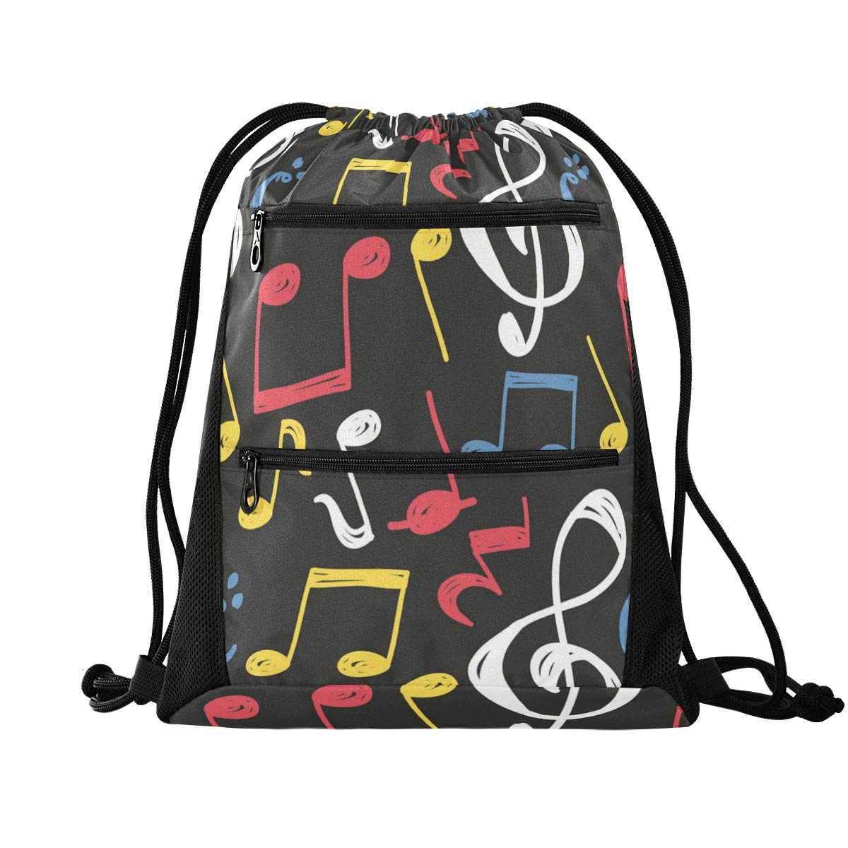 Sinestour Drawstring Bag Music Note Lightweight Gym Sackpack for Beach Swimming Yoga Gym Travel with Zipper Mesh Pockets