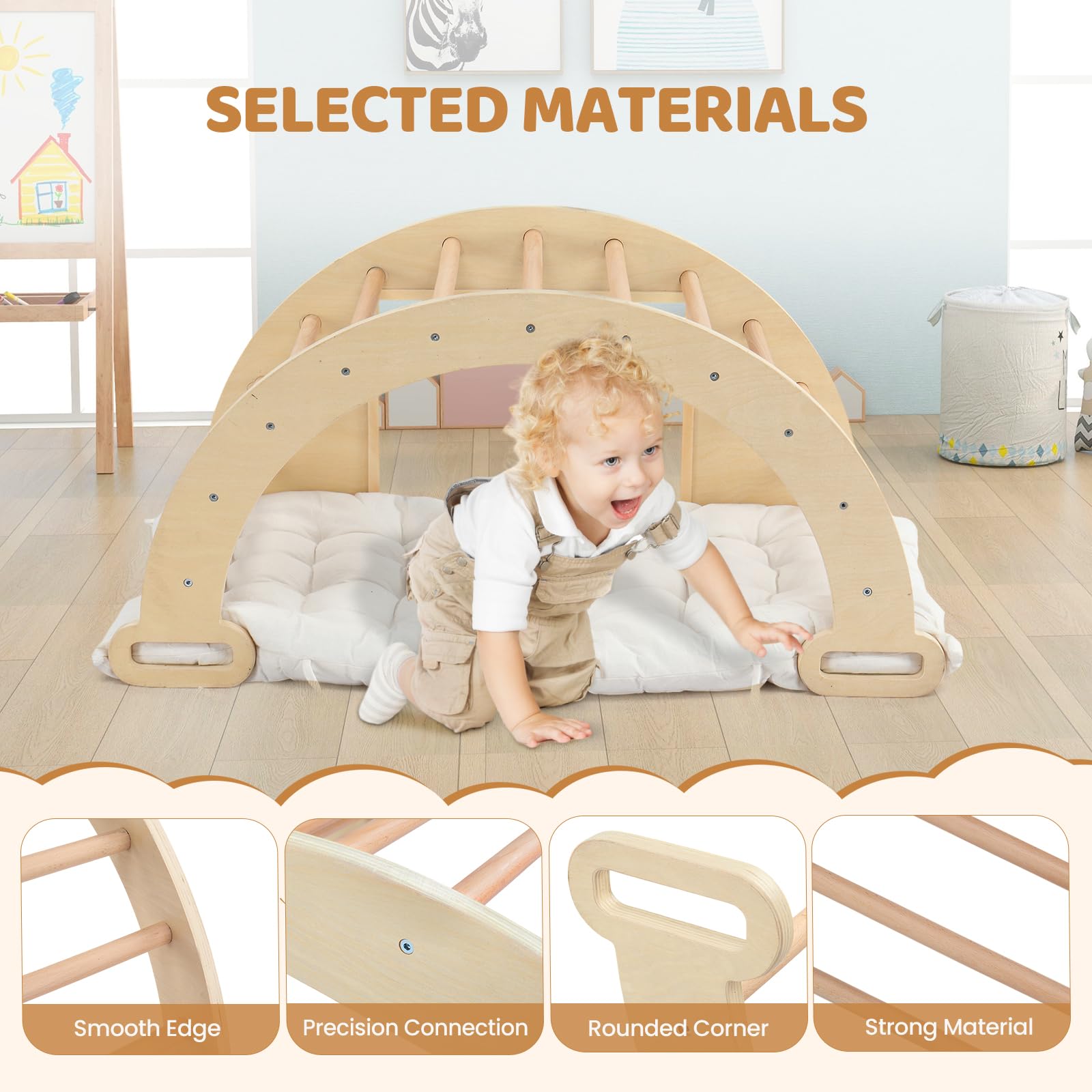 JOYMOR 5-in-1 Pikler Triangle Climber Arch Rocker with Cushion Sensory Table Set for Kids, Montessori Wooden Climbing Toys for Toddlers Inside with Collapsible Storage Basin & Blackboard