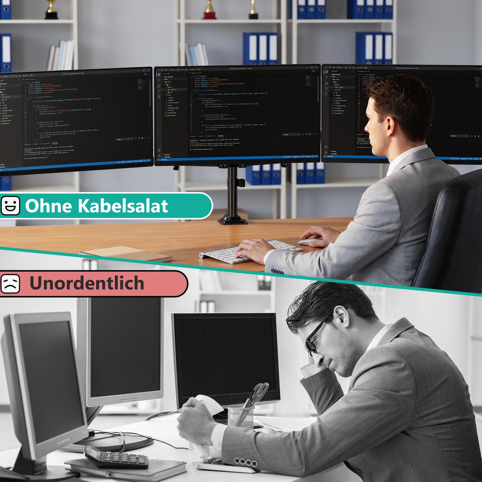 WALI Monitor Halterung 3 Monitore für bis 27 Zoll Bildschirm,Voll Verstellbare Triple Monitor Halterung, Monitorhalterung 3 Monitore 7 kg pro Arm,VESA 75/100 (M003S), Schwarz