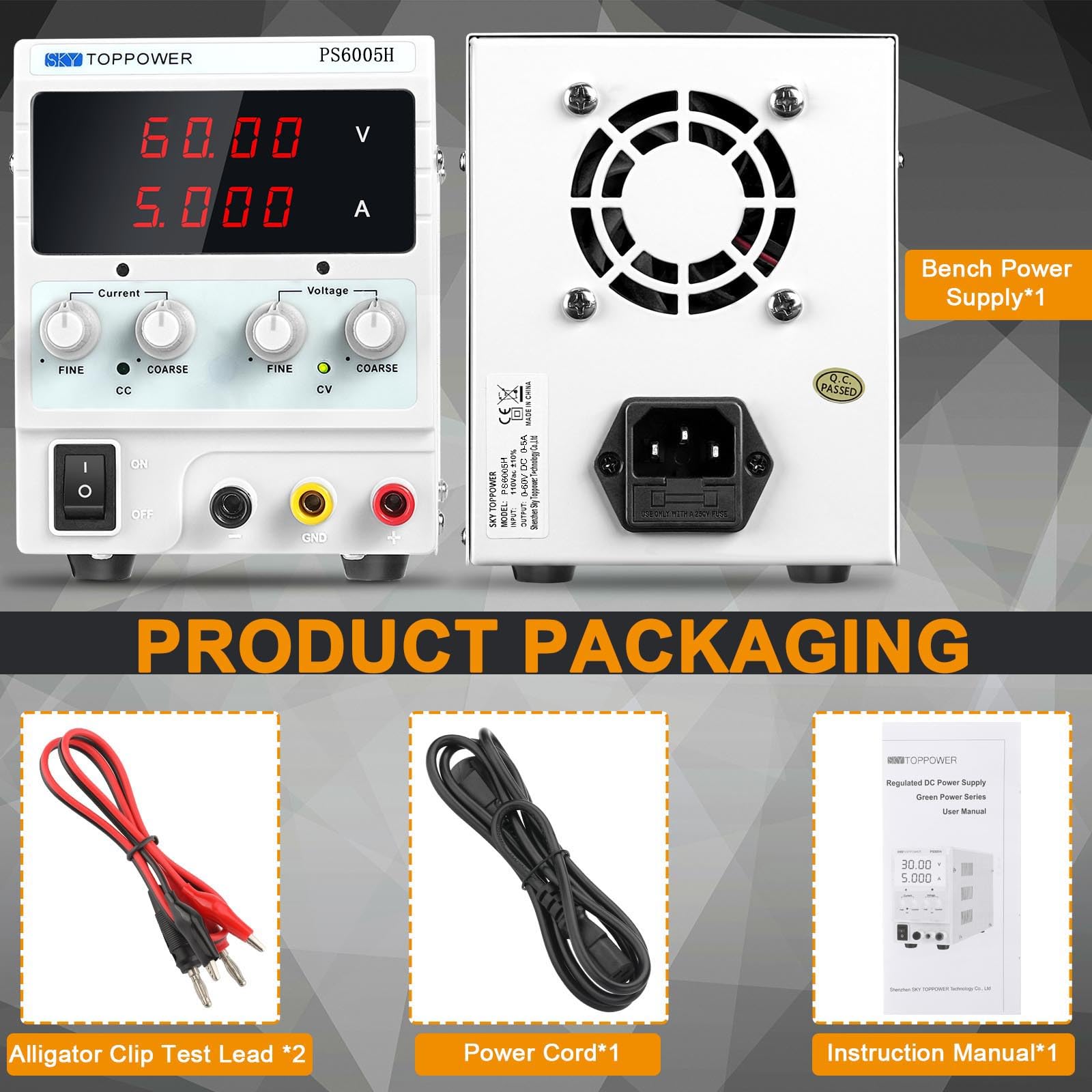 Labornetzteil (0-60V,0-5A),DC Labornetzgerät Regelbar Netzgerät mit 4-stelliger LED-Anzeige für DIY Elektronik Tests,Reparaturen und Forschung SKY TOPPOWER PS6005H