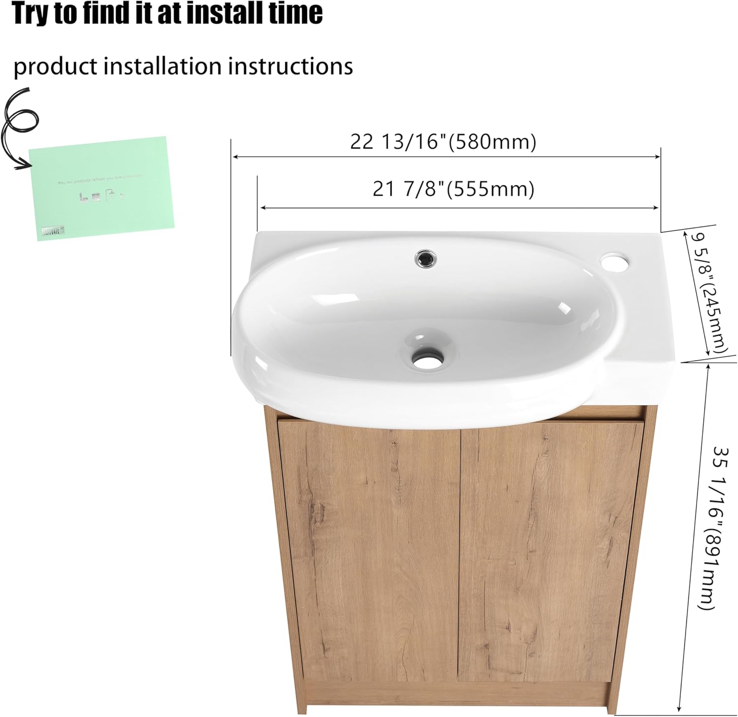 23 Inch Freestanding Vanity, 23" Bathroom Vanity with Sink, Single Sink Floor Stand Vanity Combo, Modern Brown Bathroom Vanity Set with 2 Doors and White Basin Sink