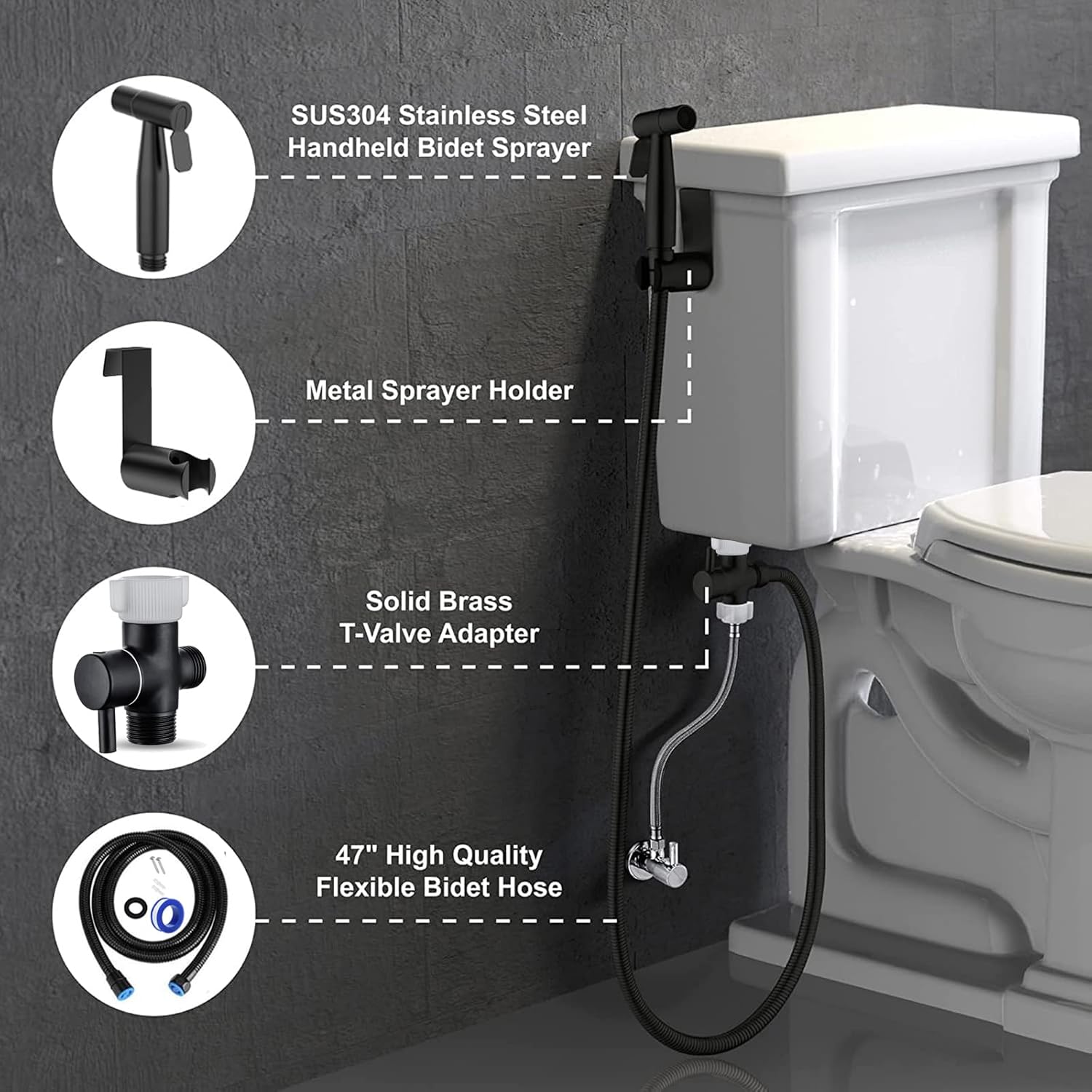 Steel Bidet Sprayer for Toilet – Handheld for Cloth Diapers, Bathroom Jet Kit with Explosion-Proof Hose, Great Water Pressure for Pet Bathing & Feminine Hygiene (Black)