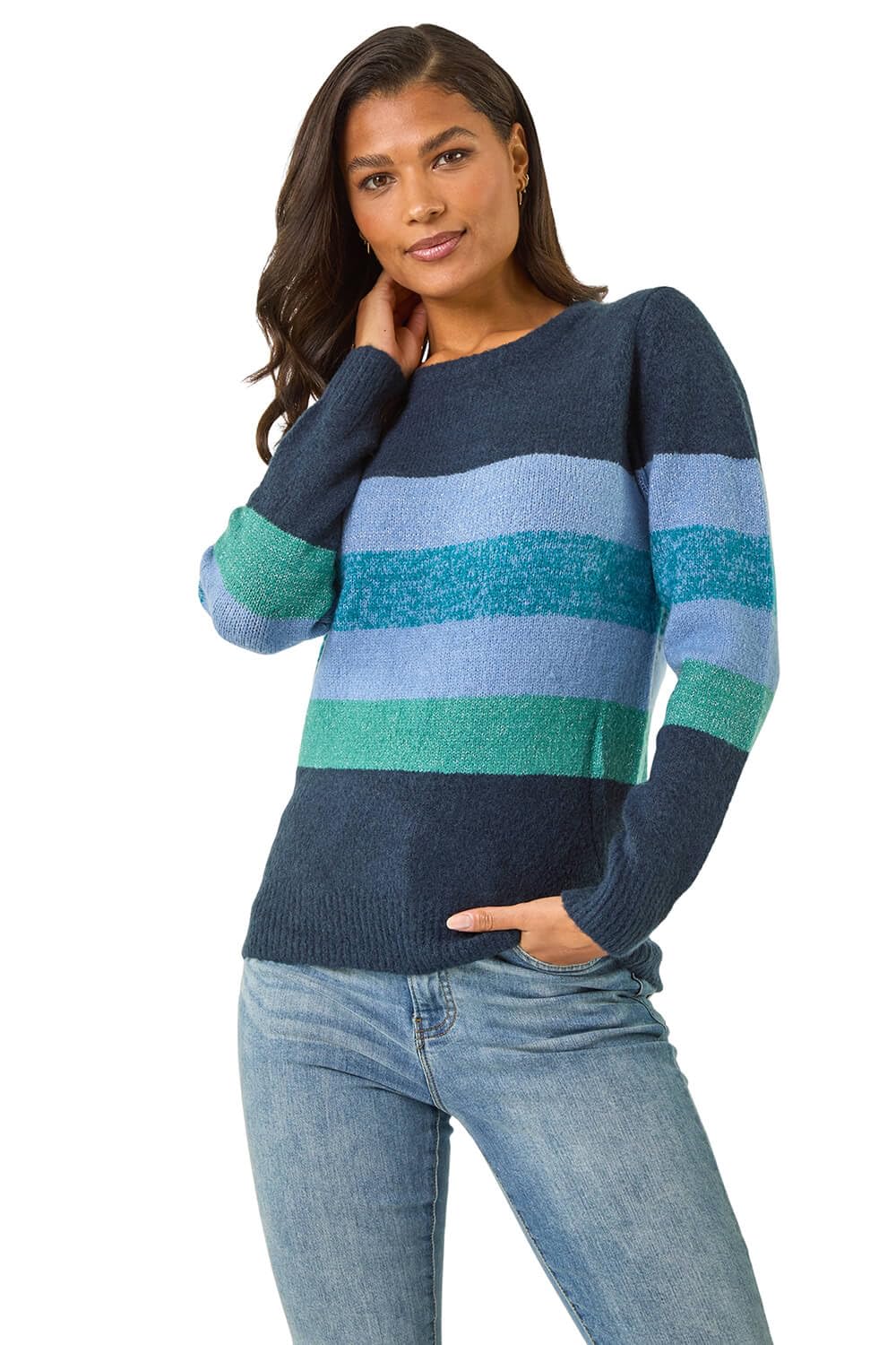 Roman Originals Women's Blue Thick Jumper For Uk - Winter Autumn Smart Casual Knit Knitted Knitwear Pull-On Round Crew Neck Long Sleeve Work Office Dinner Party
