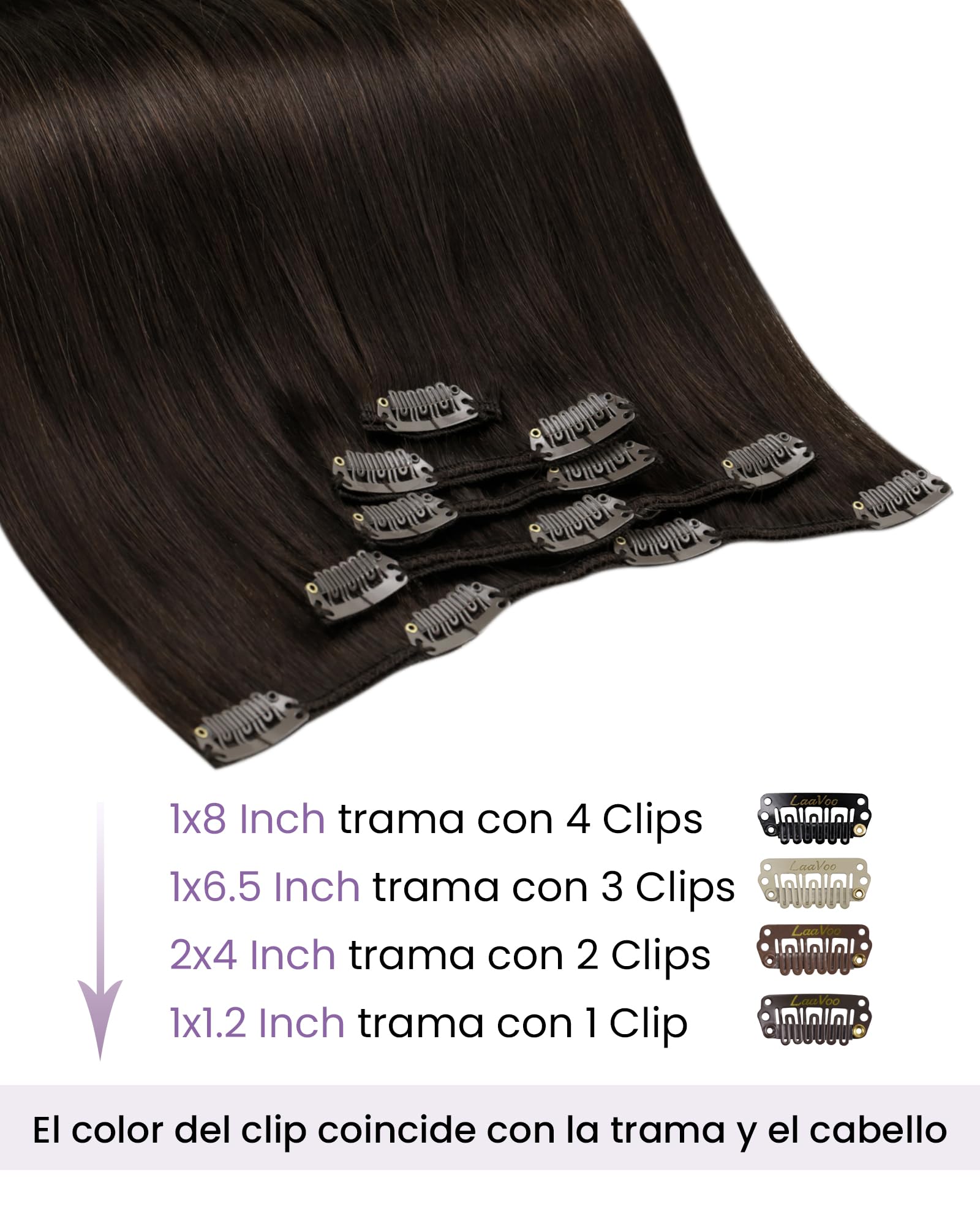 LaaVoo Extensiones de Clip de Pelo Natural Castano Oscuro 70g 5Piezas Extensiones Pelo Natural Humano Clip Marron Oscuro Cabello Recta Recta 30cm Liso #2