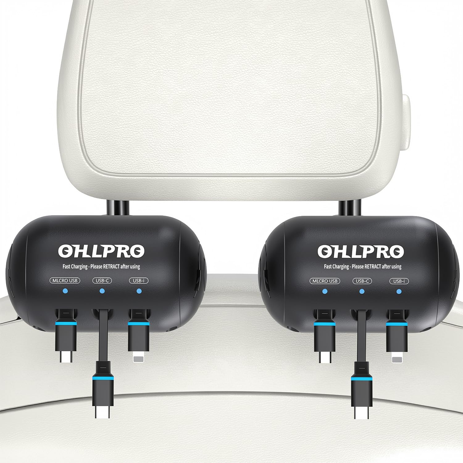 OHLPRO Lot de 2 chargeurs de Voiture rétractables pour siège arrière - Station de Charge Multifonction 3 en 1 avec USB-C/USB-i/Micro-USB, Charge Rapide 15 W pour iPhone, Samsung, Android, Support