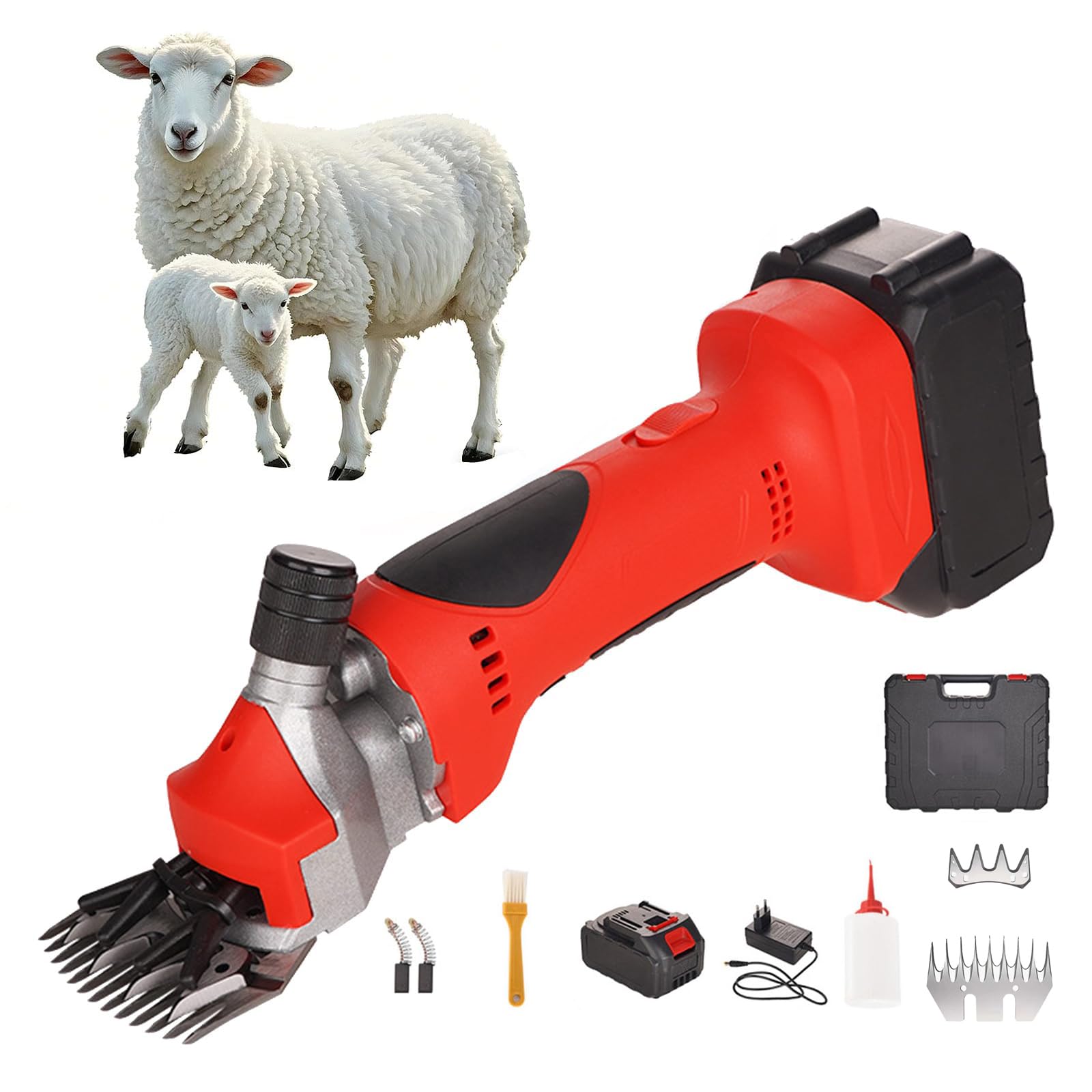 Esquiladora EléCtrica InaláMbrica para Ovejas, Esquiladora Profesional Alta Resistencia con Motor Sin Escobillas 550W Y 2800 Rpm, para Cuidado Animales Ganado Y Granjas Incluye BateríAs,9-tooth