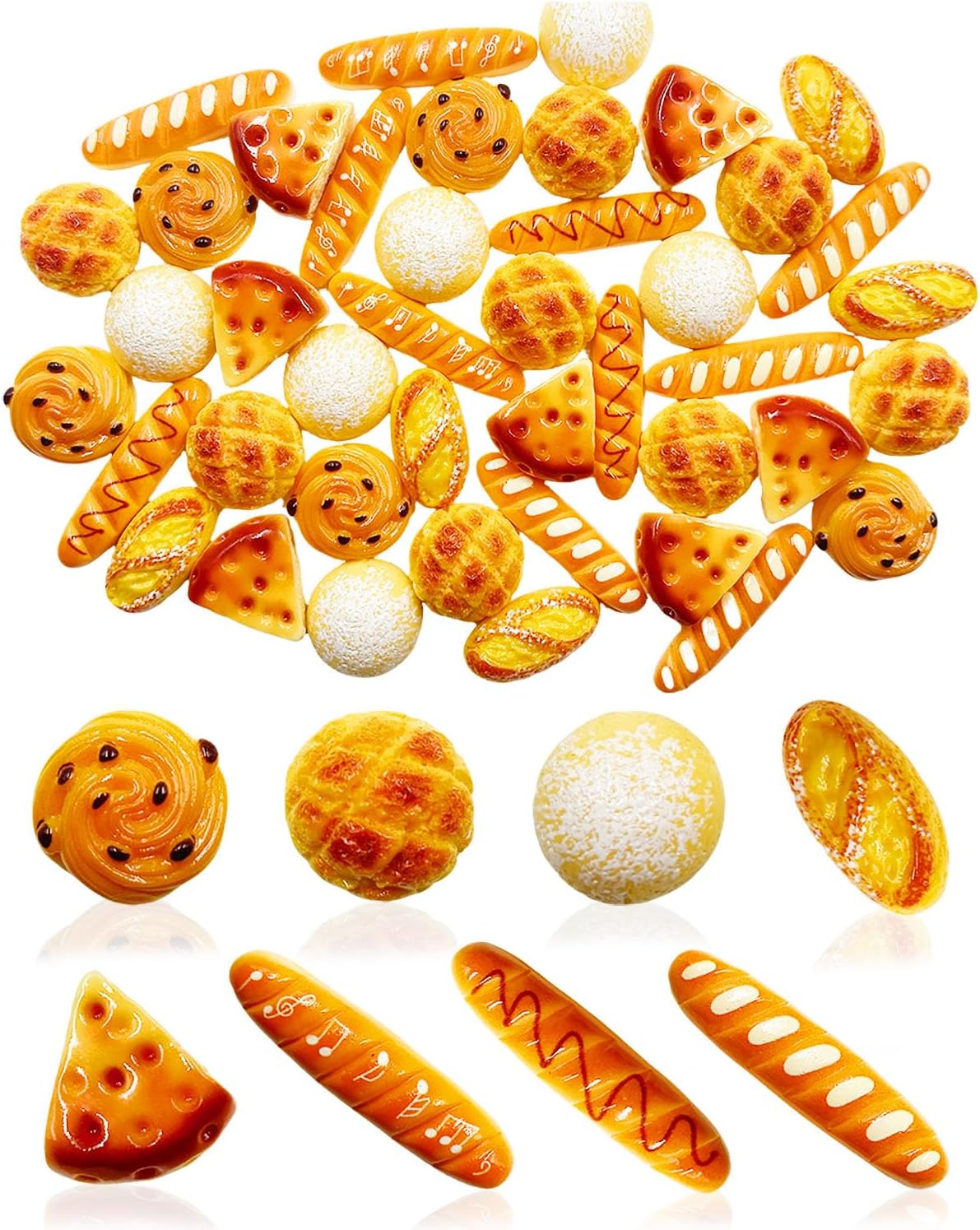 LOPURO 100Pcs Mini Fake Bread Artificial Resin Flatback Bakery Pastries Charms, Miniature Cake Simulation Food Model Tiny House Decor for DIY Craft Scrapbooking Embellishments Home Kitchen Display