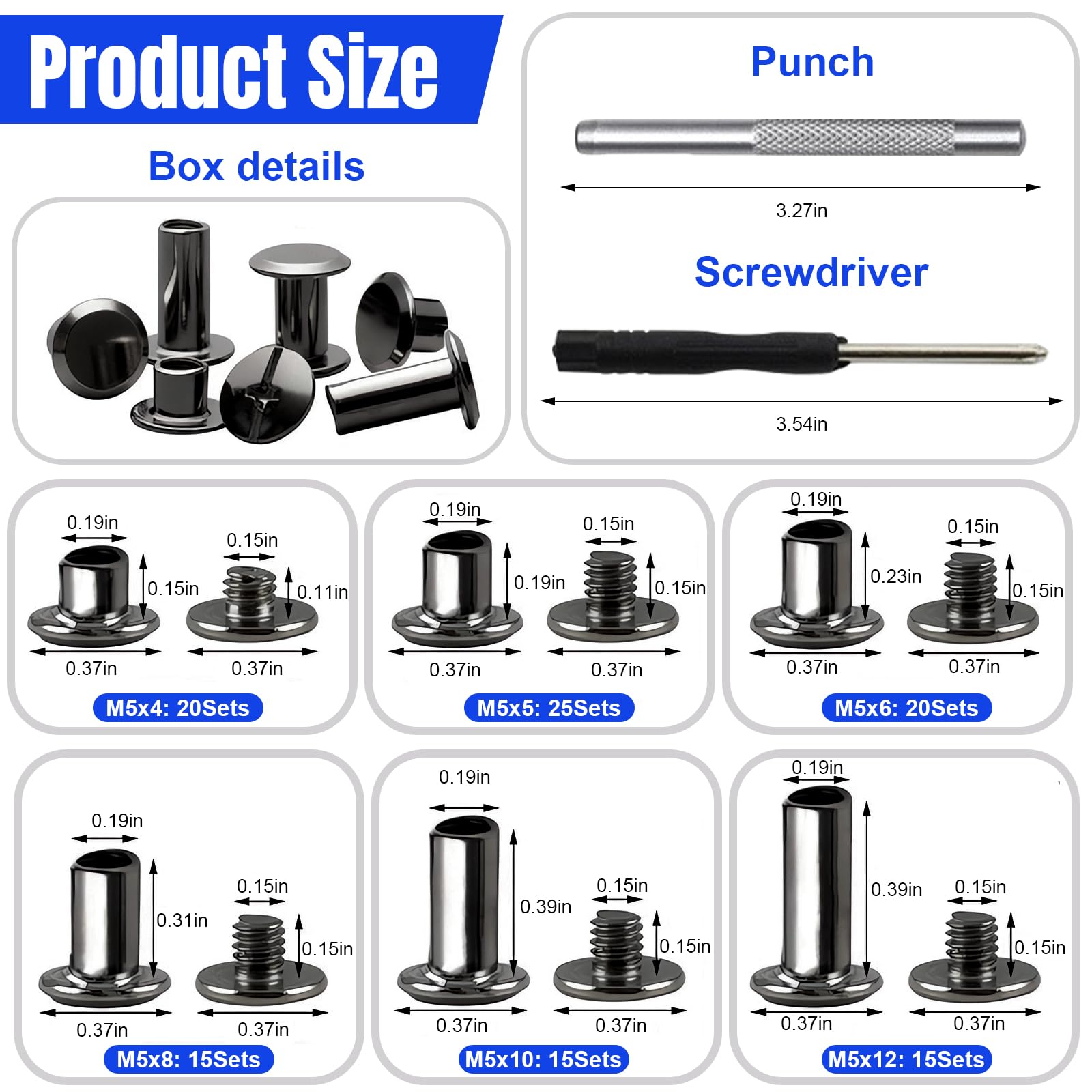 110 Pezzi Set di Viti Chicago per Rilegatura, M5 x 4/5/6/8/10/12 mm Set Viti per Rilegatura Chicago Kit, Kit di Rivetti a Vite per fai da te in pelle, borse, artigianato, colletto, stoviglie, bagagli