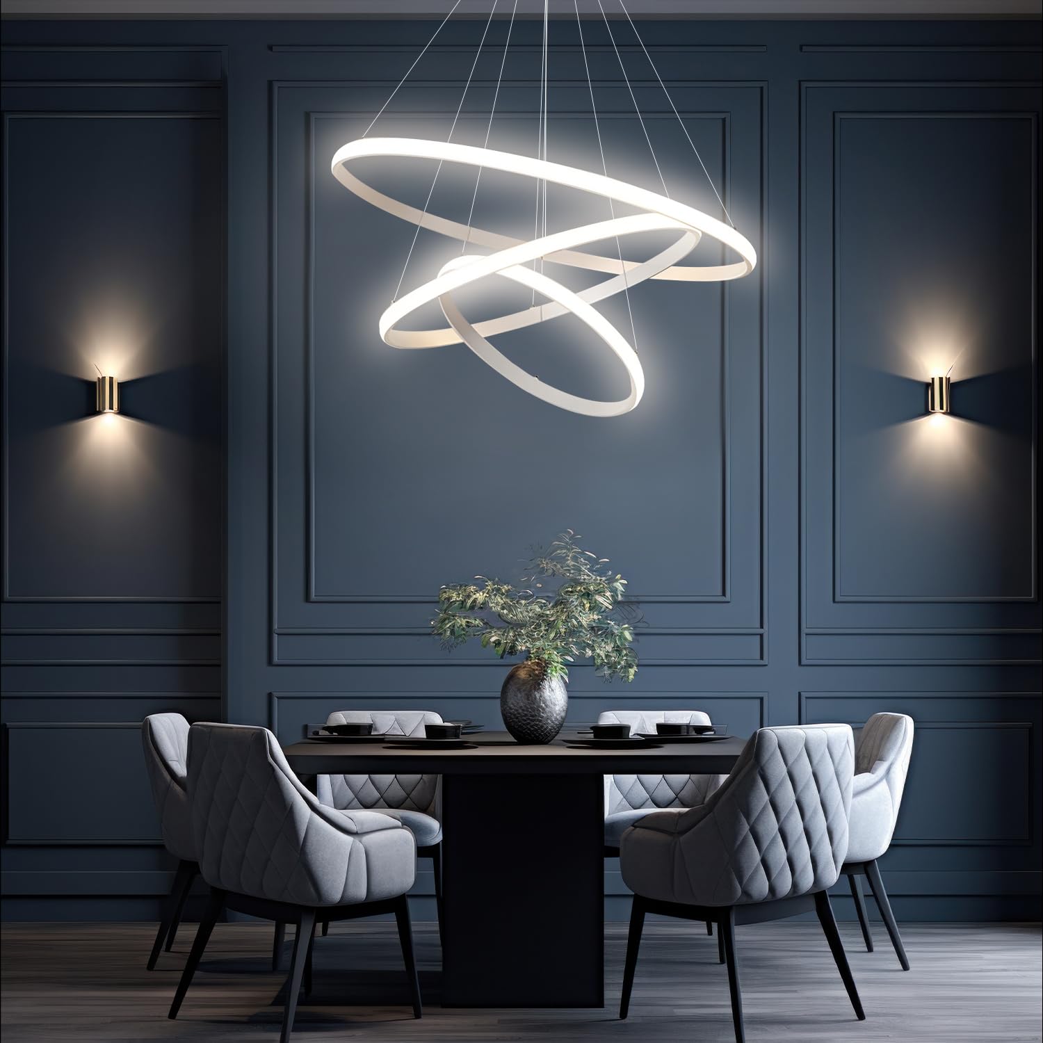 Arcadia Lampadario a Sospensione 5500LM 90W 60cm - Modello Nemesi (Bianco) | Lampadario Camera da Letto Soggiorno Cucina con Luce Calda e Fredda Dimmerabile, Telecomando e App inclusi - Finitura Bianca
