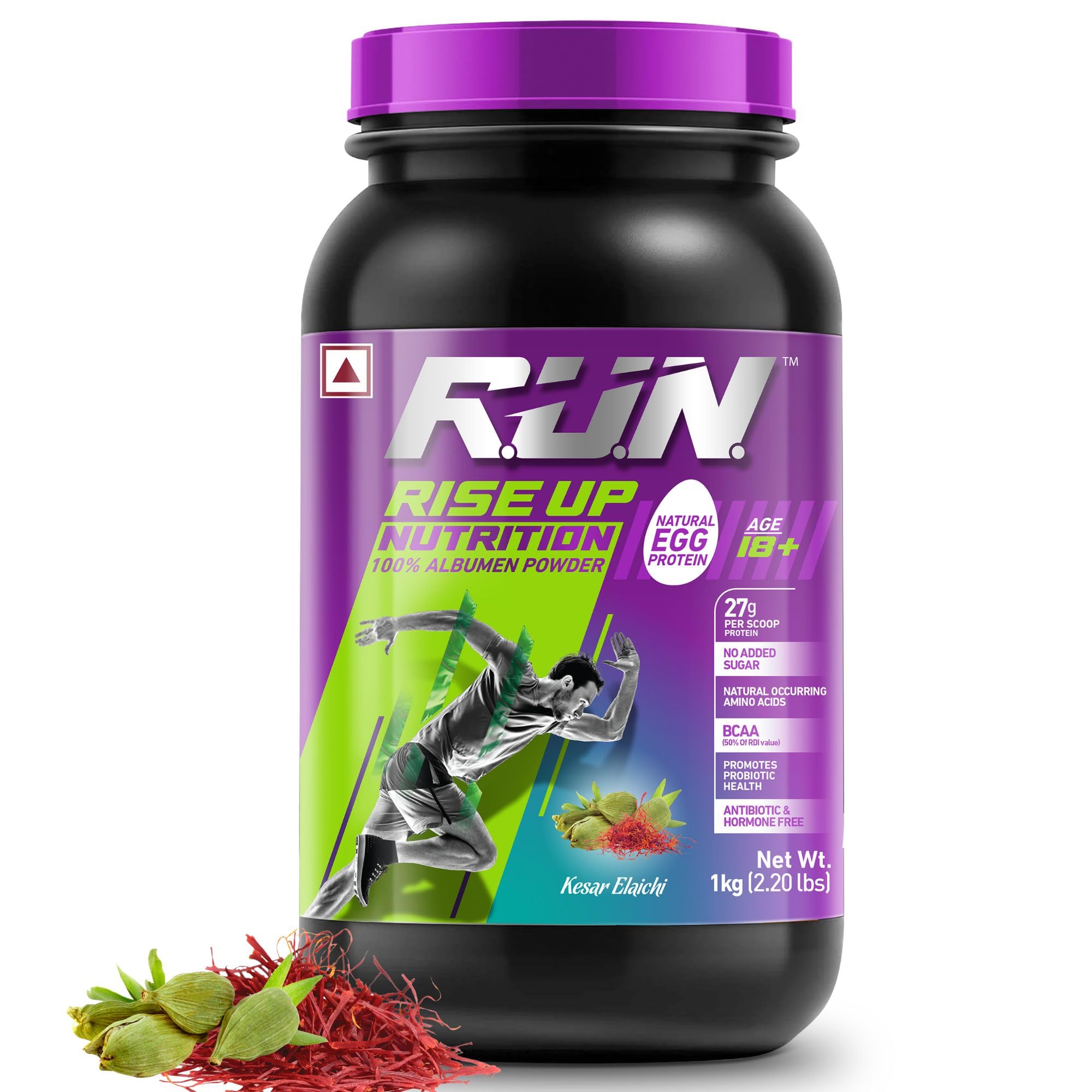 R.U.N-RISE UP NUTRITION Egg White Protein Powder for Athletes,Gym & Fitness Enthusiasts |27g Protein & 14g EAA|Lactose, Soy & Gluten Free Egg Albumen Protein Powder for Immunity, Kesar Elaichi -1kg