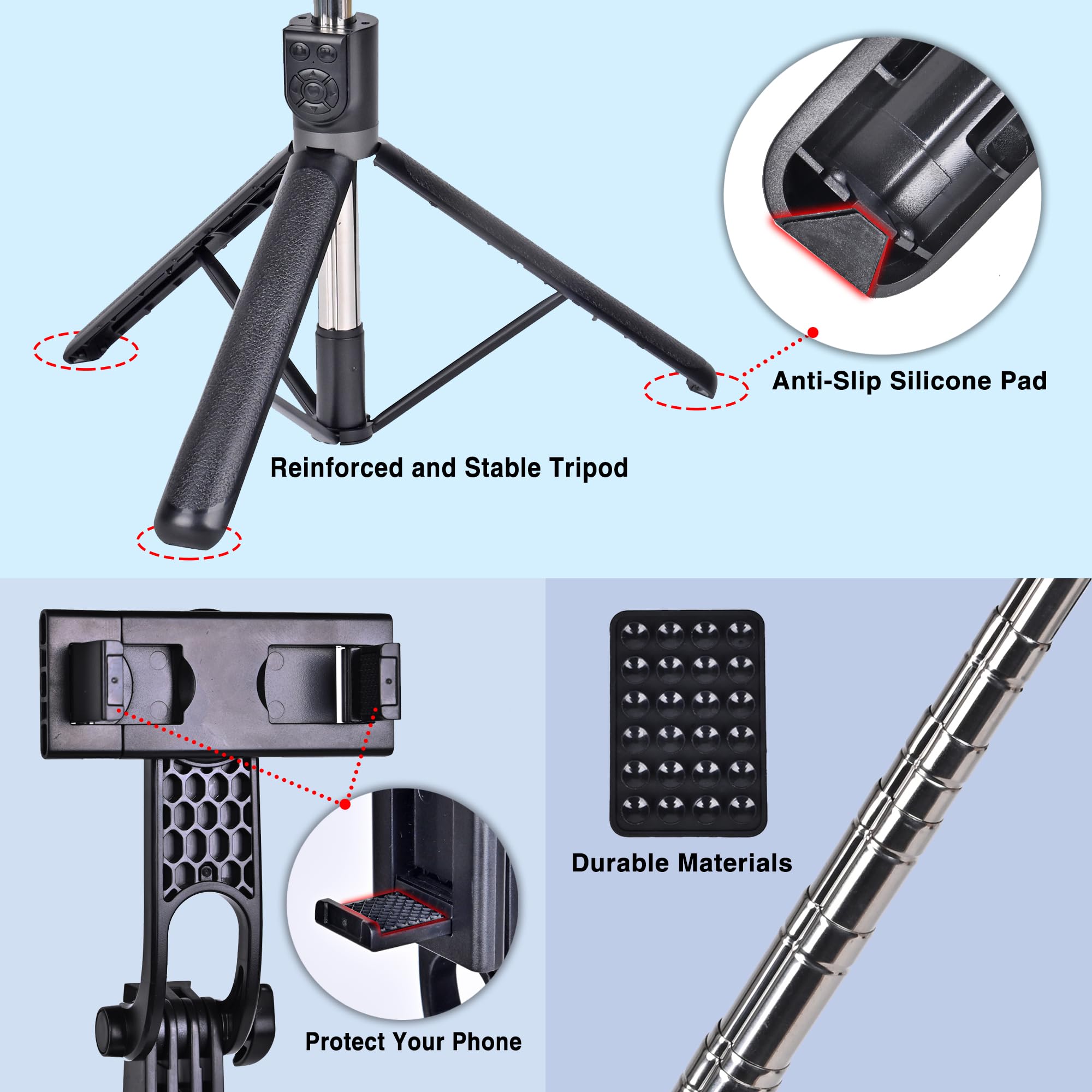 Perche Selfie Trépied 180cm Avec 2 Lumières LED Et Télécommande Bluetooth