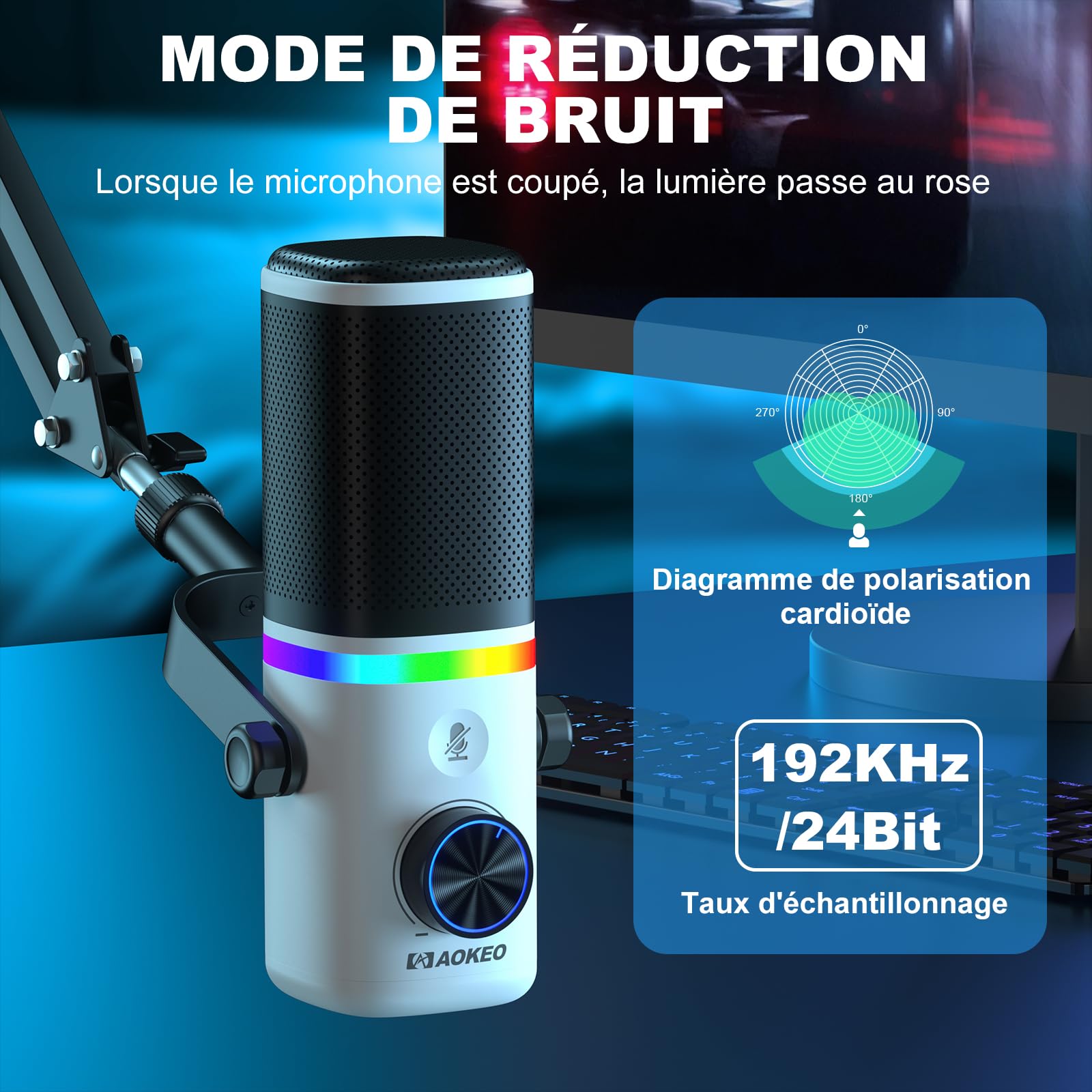 Aokeo AK-10 Microphone de Jeu USB avec Bras Micro, Microphone à condensateur pour PC/Mac/PS4/PS5/téléphone - Micro cardioïde avec éclairage RVB (Blanc)