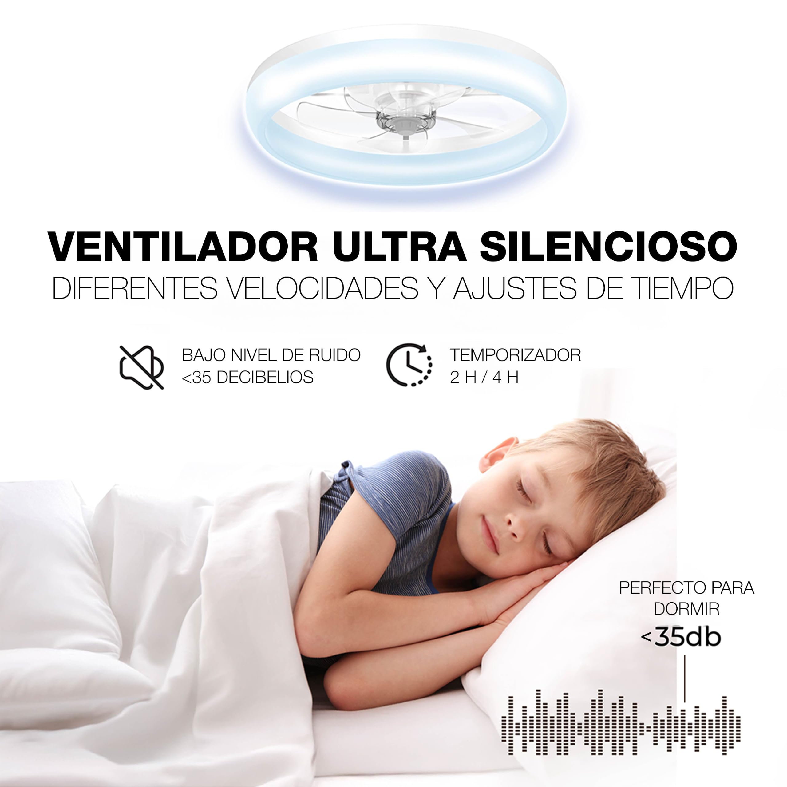 BrisaNova Ventilador Techo + Luz LED, Silencioso <35 dB, 6 Velocidades, Mando a Distancia, Motor Reversible, Temporizador; para Dormitorio, Habitaciones Pequeñas; 2 Tamaños 50 y 35,5 cm