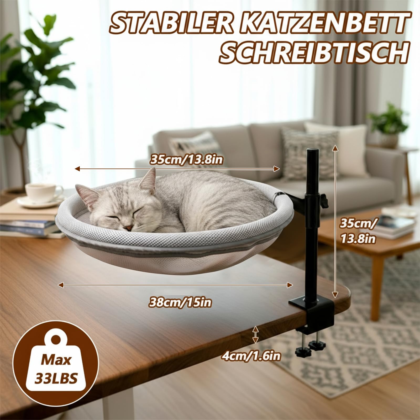 Katzenbett Schreibtisch, 360° drehbar & Höhenverstellbar, Max 33lb | Katzenkorb Schreibtisch mit 2 waschbaren Bezügen, Katzen Hängematte für Home, Office, Büroschreibtische, Spieltische-Grau