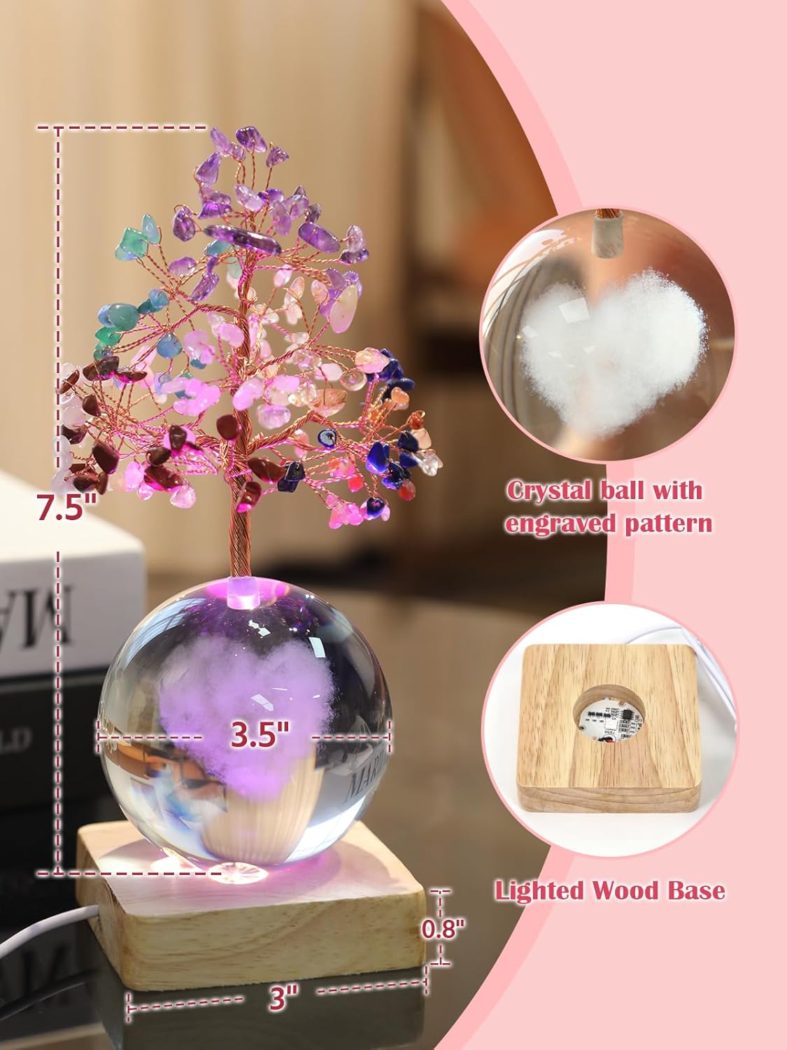 Crystal Tree of Life for Positive Energy, 7 Chakra Healing Tree with Multicolor Night Light for Home, Office, Desk Decor, Unique Birthday Gift for Women Girl (3D Heart)