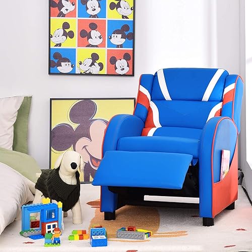 Miniatura 32 de ReunionG Sofá reclinable para niños, sillón de cuero para niños con reposapiés, reposacabezas, silla reclinable de juegos para sala de estar,