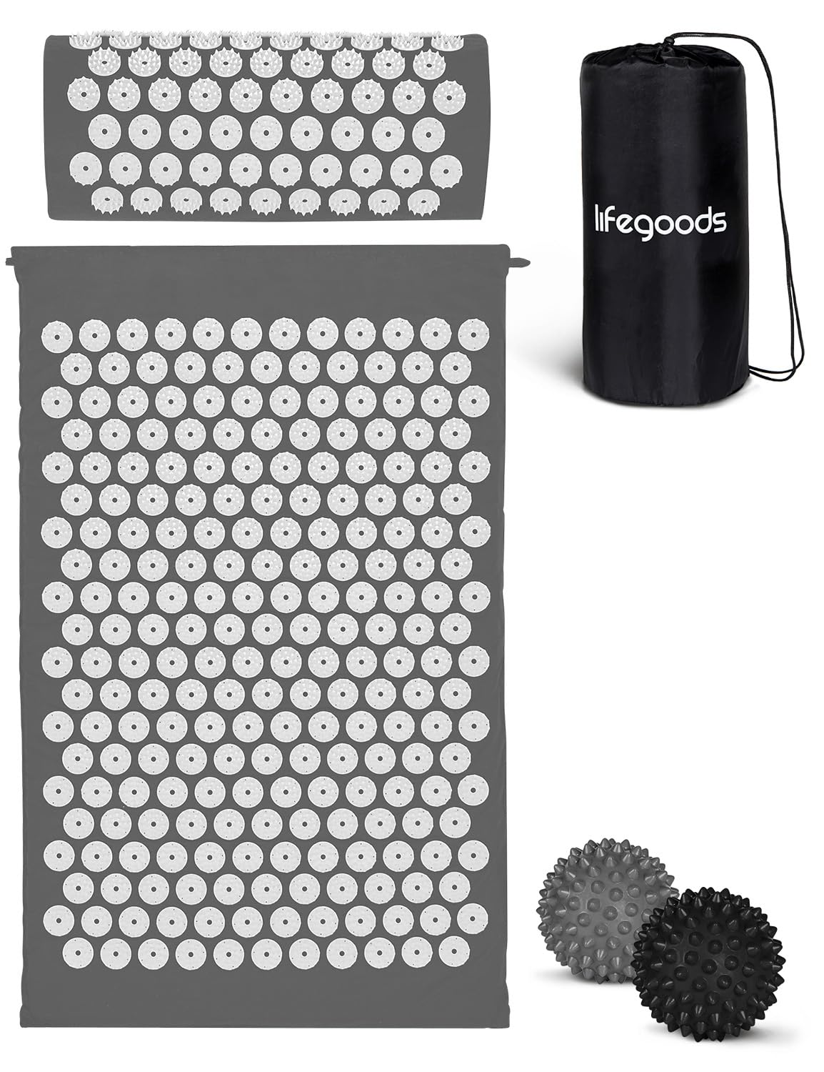 LifeGoods Tappetino Agopressione - Eco - Tappetino Massaggiante Corpo - Tappeto Agopressione - Mysa Tappetino Svedese - Mysa - Sfere da Massaggio e Borsa - Bianco e Grigio