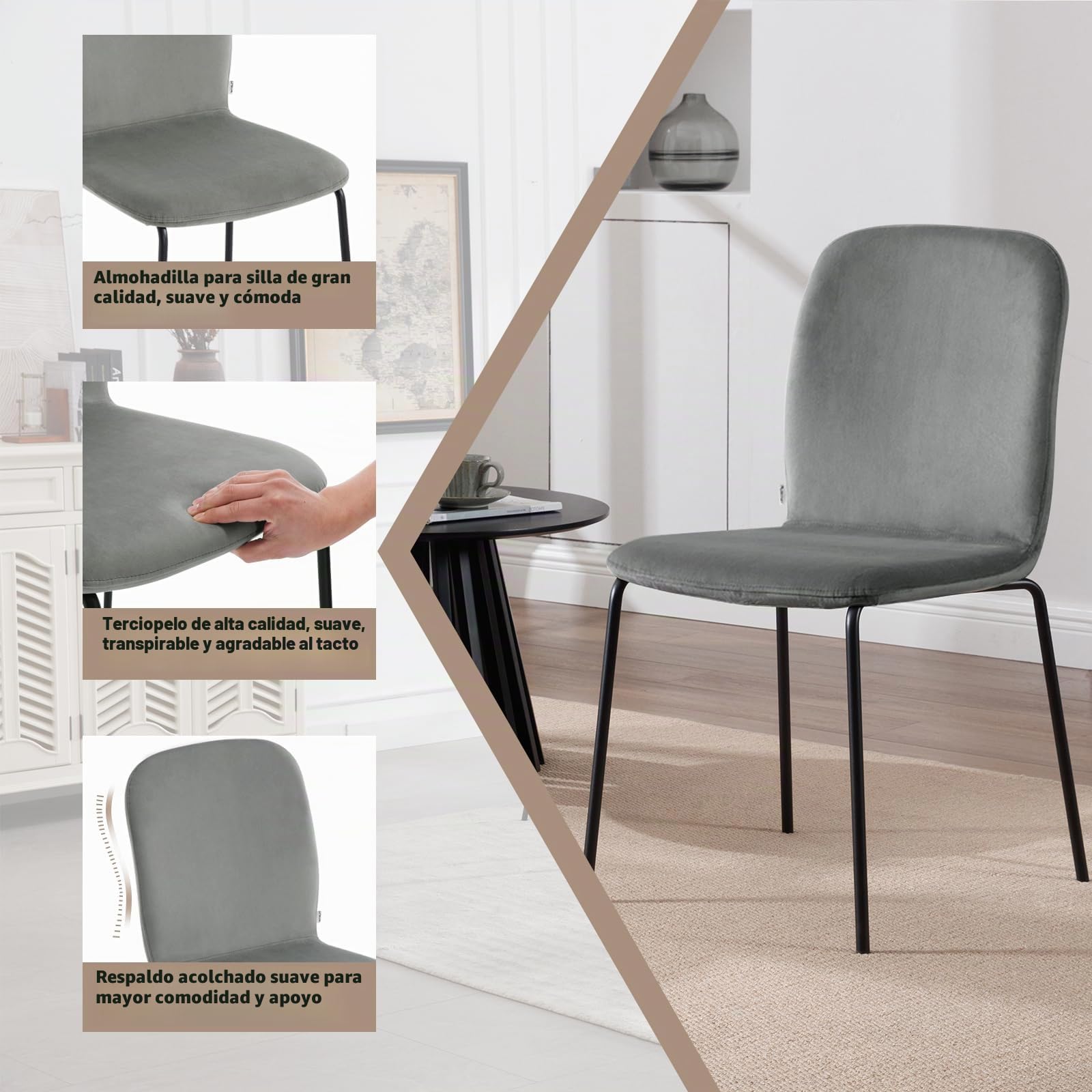 WOLTU Juego de 4 Sillas de Comedor, Terciopelo,Gris Oscuro | Salón y Dormitorio, Asiento Acolchado y Patas de Metal