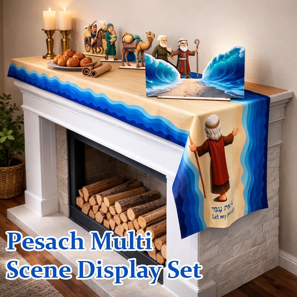Passover Decorations Set – 9PCS Double-Sided Wooden Passover Figurines with Thick Base, Red Sea Scene Centerpiece & 88 Inch Thickened Table Runner, Passover Seder Table Decor
