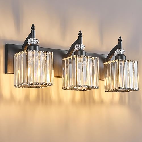 Miniatura 1 de Luces de tocador de cristal negras con 3 luces de baño sobre espejo moderno para baño