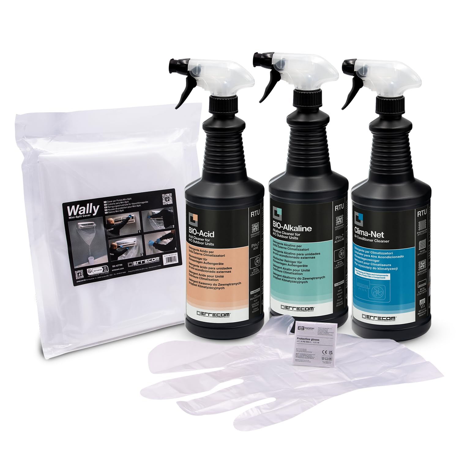 Errecom Kit nettoyage complet climatisation, avec Clima-Net 1L et housse Wally pour unité intérieure et filtres, Bio-Acid et Bio-Alkaline 2L détergents pour unité extérieure, gants