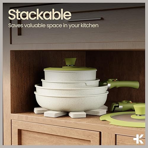 Miniatura 5 de Juego de ollas y sartenes antiadherentes de cerámica-granito  15 piezas de utensilios de cocina con asas desmontables, apilables, ahorro de espacio,
