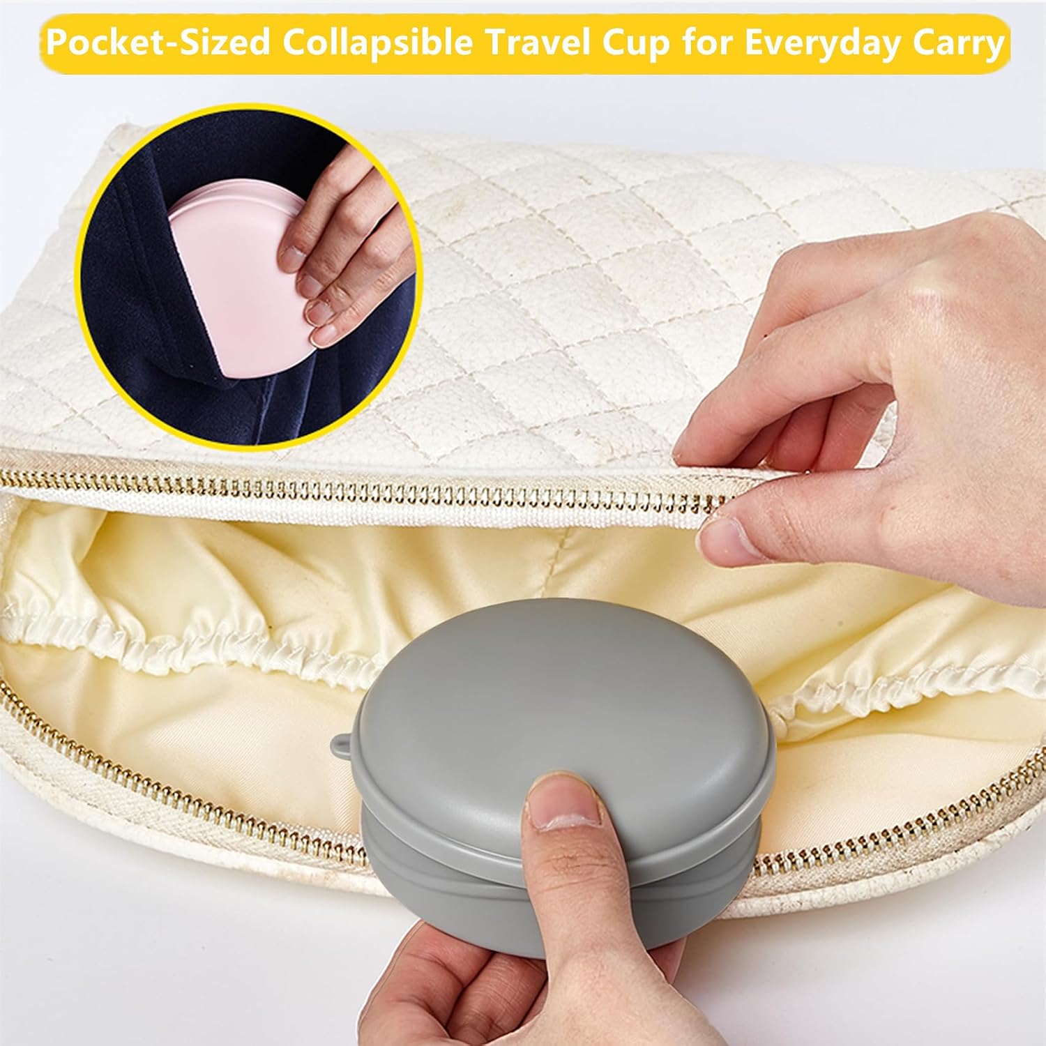 Collapsible Travel Cup, Folding Cup with Lid, BPA Free Silicone Collapsible Cup with Stainless Steel Rim, Foldable Camping Cup Set for Travel, Hiking - Portable, Graduated (6.8+8.8 oz, Gray+Brown)