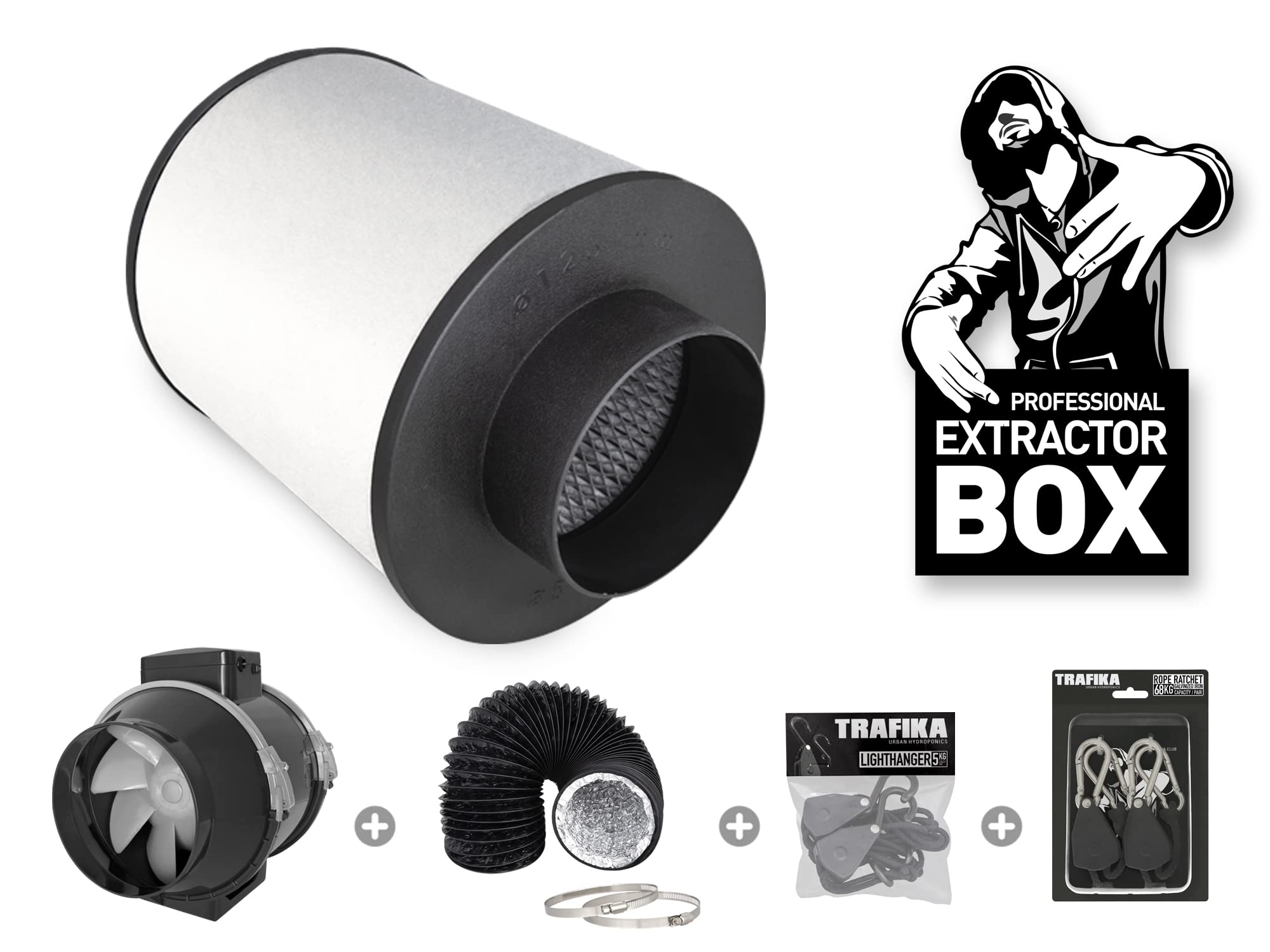 TRAFIKA Kit Extractor Cultivo 100mm/250m3h Filtro CARBÓN+Extractor DE Aire TT100 (2 velocidades)+5M COMBIDUCT+LIGHTHANGERS (5KG)+POLEAS (64KG) / Kit EXTRACCIÓN Cultivo/Extractor Aire Cultivo