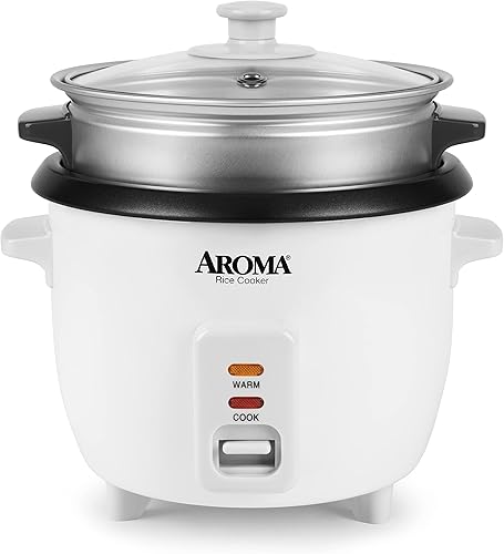 Aroma - Olla arrocera y vaporera de alimentos, 6 tazas, color blanco