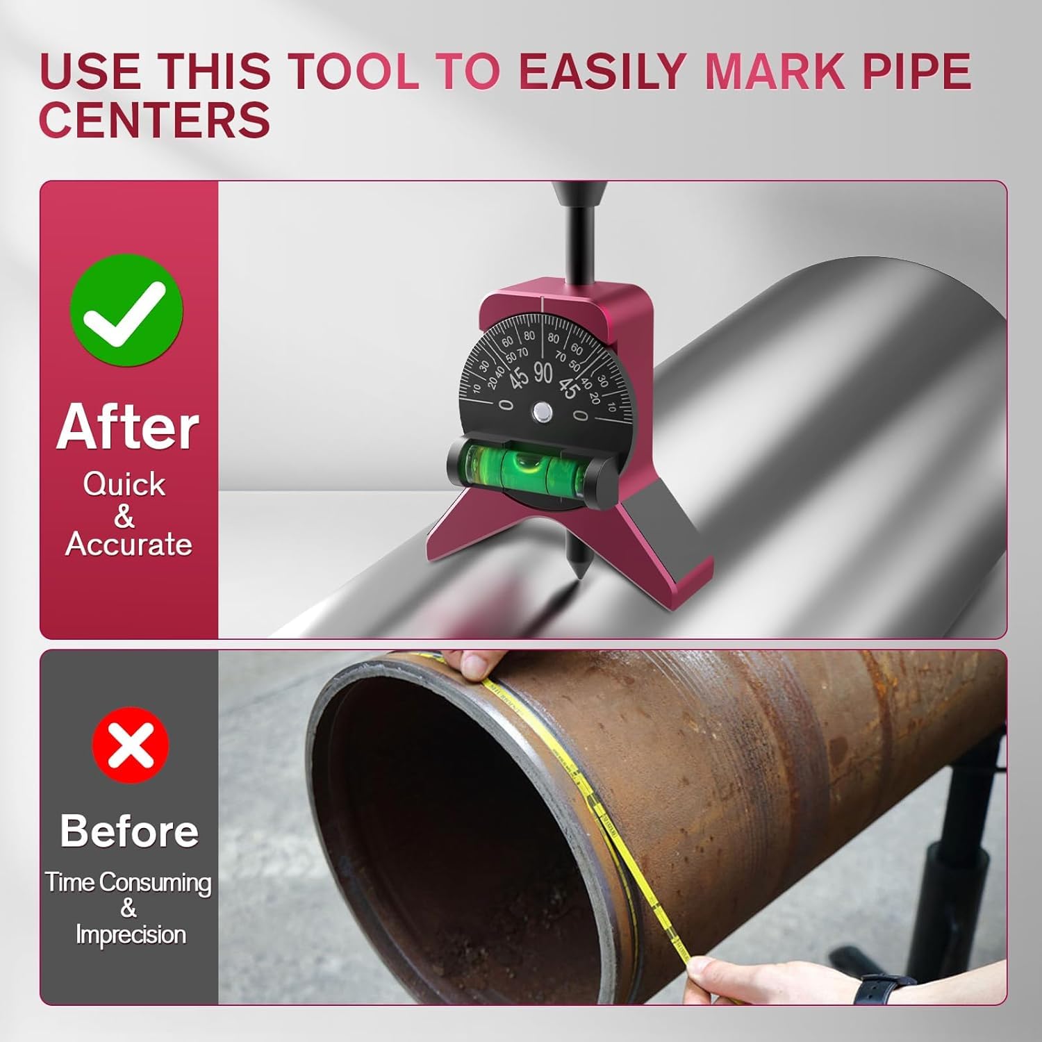 Candeon Magnetic Pipe Center Finder Tool,1.5"-6"Alignment Tool with Bubble Level Punch,Ergonomic Y-Shape Grip for Fast Marking on Steel Pipes Metal Fittings Conduits - Image 4