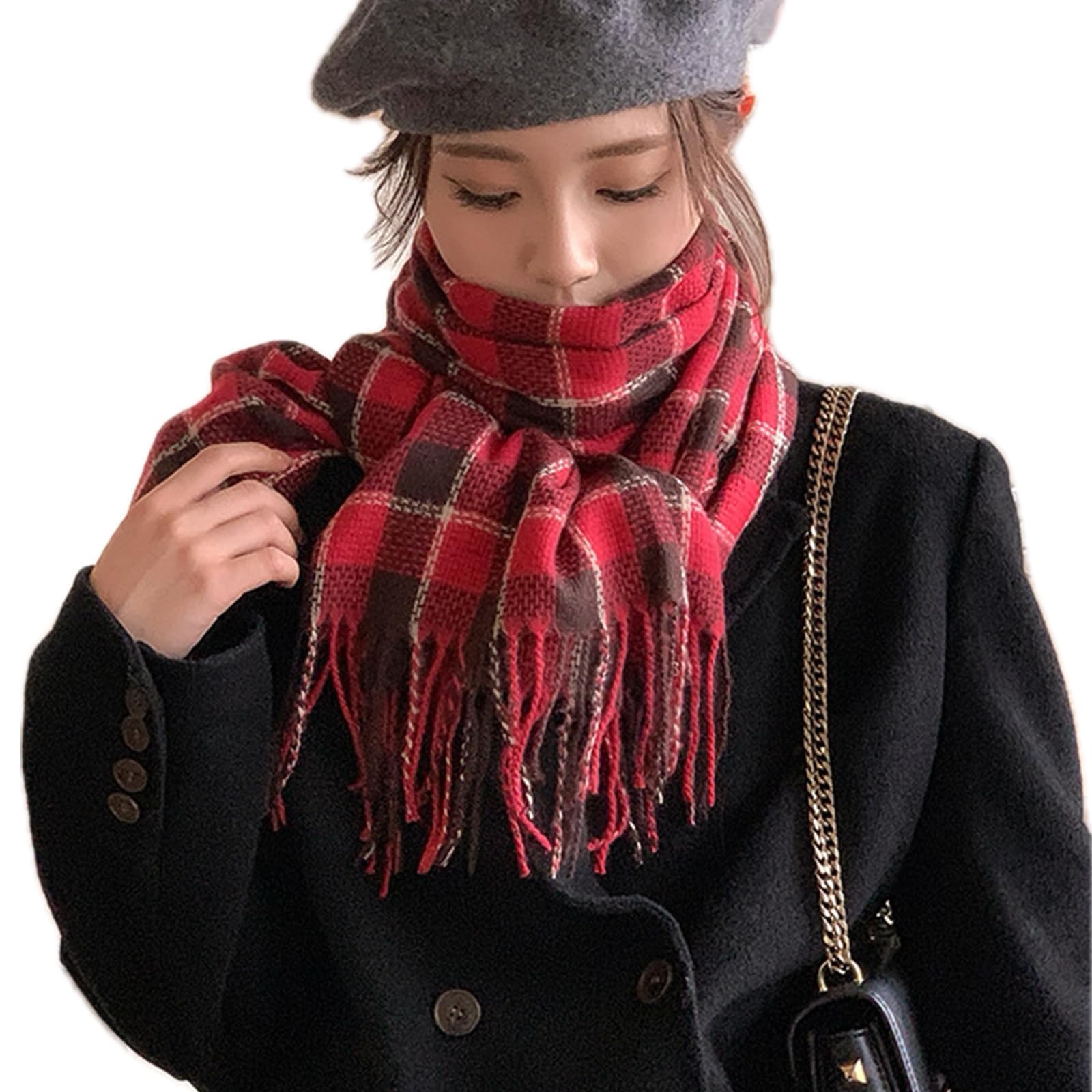 Women's Christmas Plaid Fringed Scarf, 195 cm x 65 cm, Red and Black