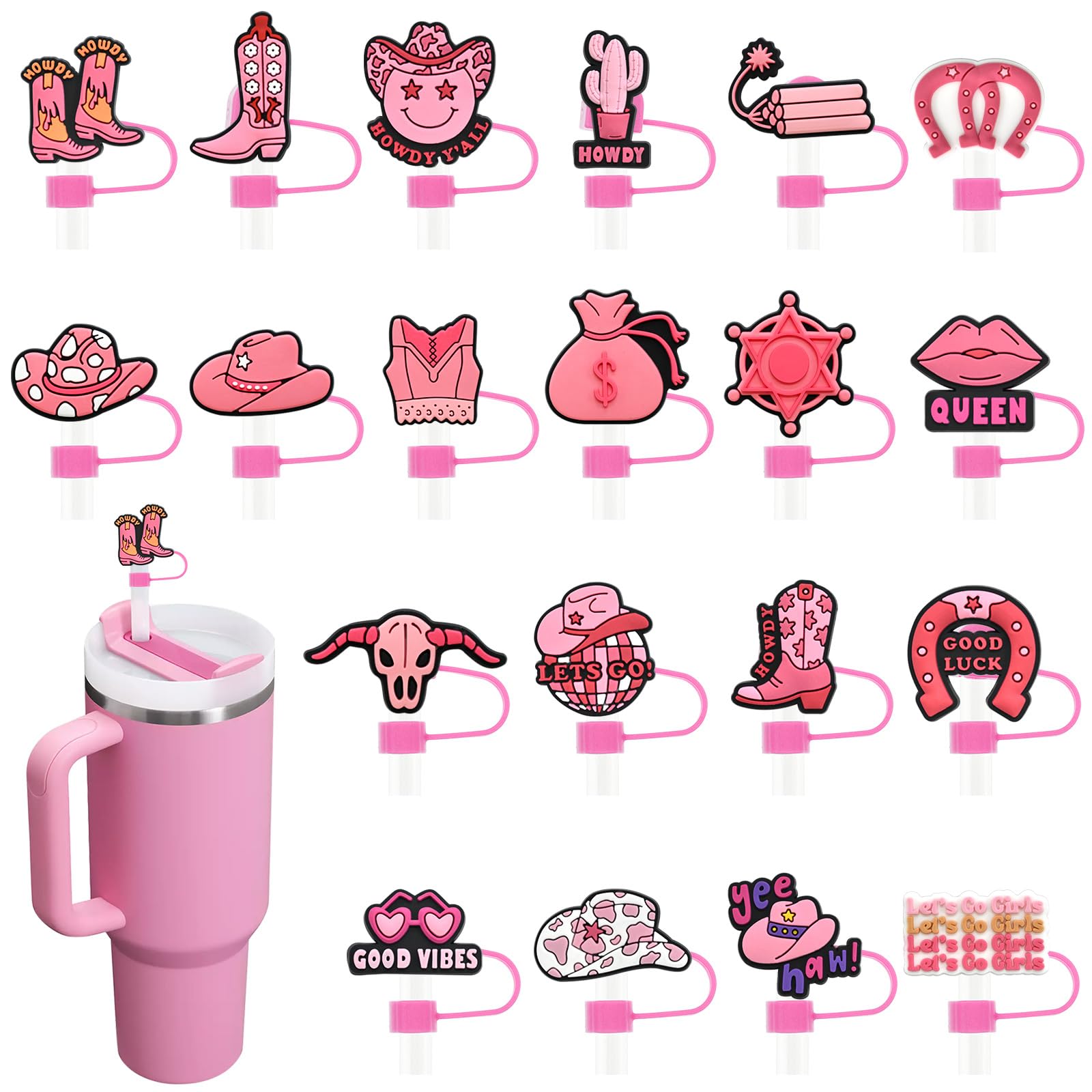 12PCs Pink Cowboy Girls Straw Cover Cap for Stanley Cup 40oz Cute Tumbler Straw Toppers Bulk Reusable PVC Cute DIY Straws Accessories,fit 0.35-0.4in/10mm Straws Protector Dust-Proof for Party gifts