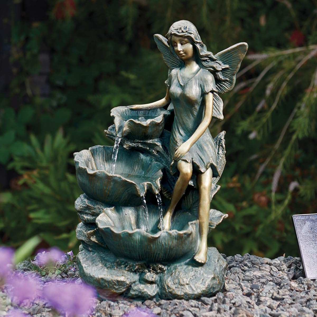 Festive Lights Fontaine LED solaire de 41 cm en forme de fée avec cascade, fontaine solaire pour jardin, intérieur et extérieur, fontaine solaire pour l’extérieur, fontaine de jardin en bronze