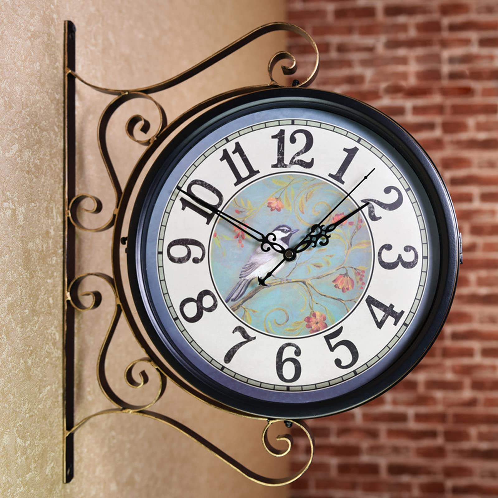 CKKNILV Outdoor Garden Wall Clock, Wrought Iron Retro Double Sided Station Clock Garden Clock 360° Rotation Waterproof Outdoor Clock Decoration Outside Clock