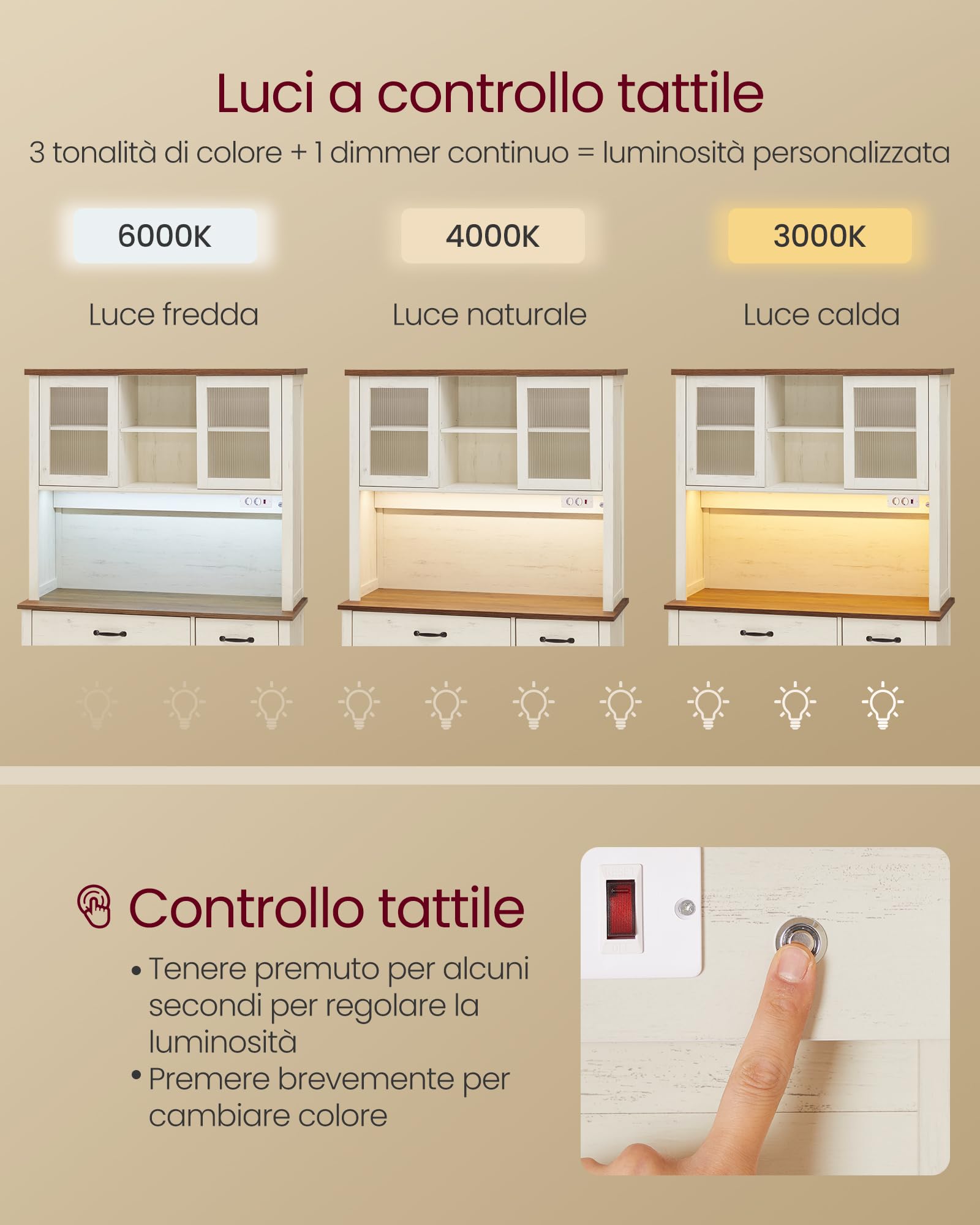 VASAGLE Credenza Cucina con Luce e Multipresa, Mobile Dispensa Cucina con Ante e Cassetto, 39,5 x 106,5 x 180,6 cm, con Ripiani Regolabili, Stile Farmhouse, Bianco Vintage e Marrone Miele BBK391W02